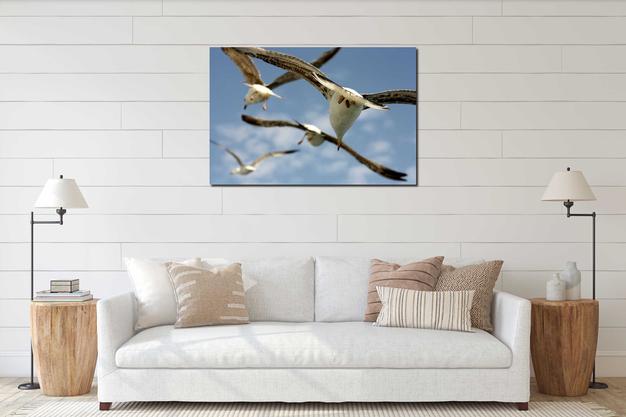 Seagull flying in a clear blue sky interior mockup