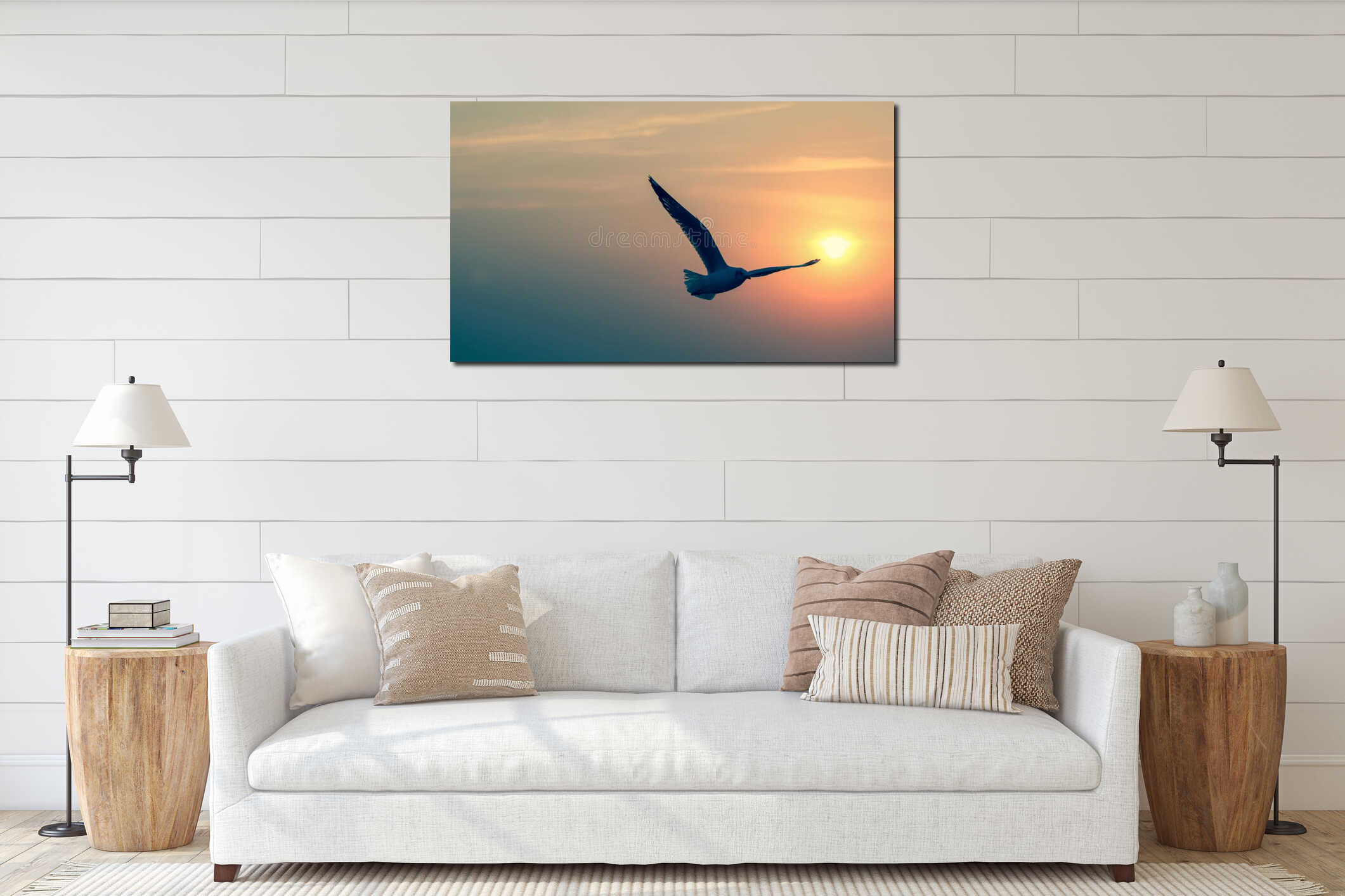 Silhouette seagull flying over sea interior mockup