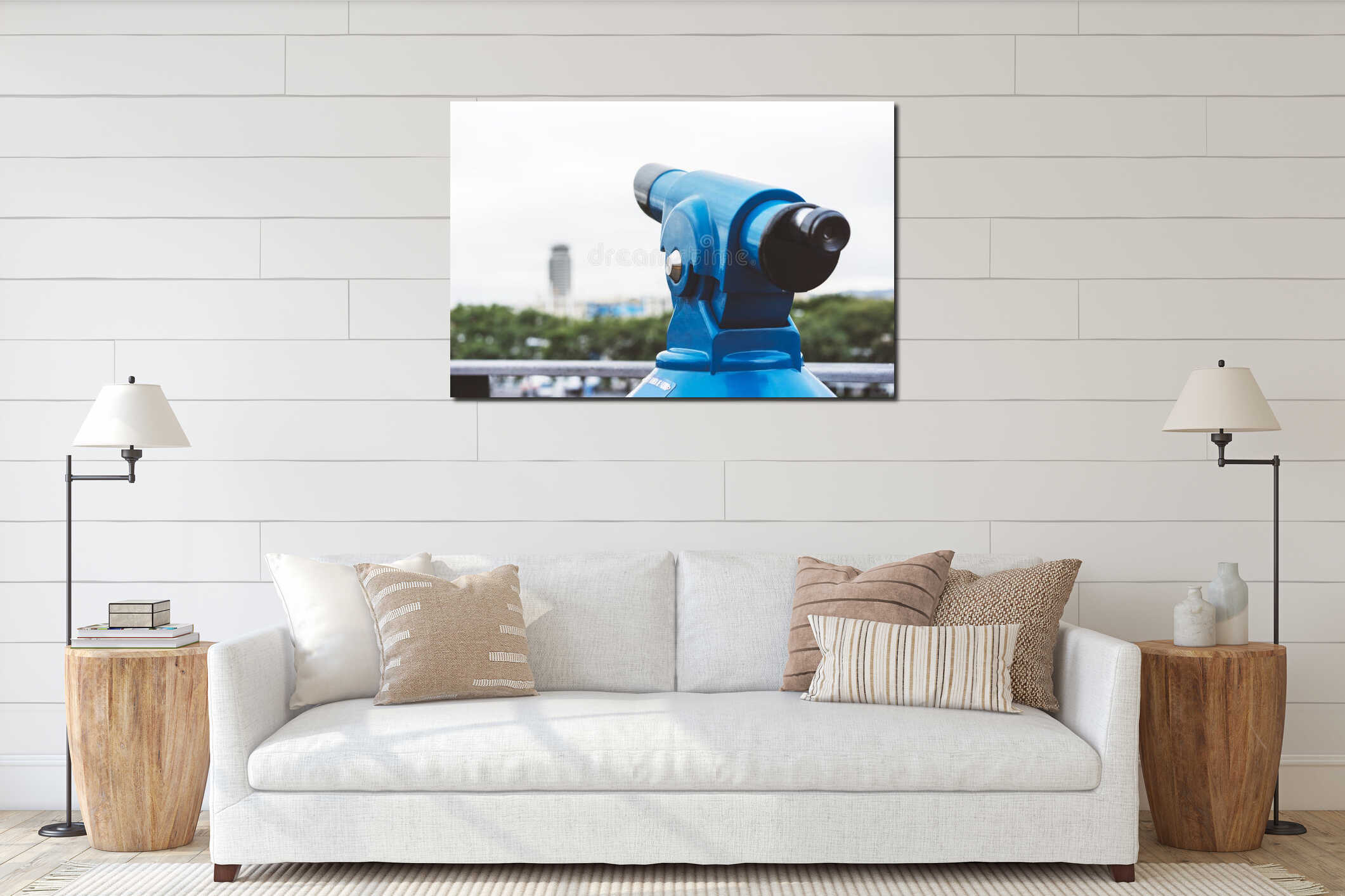 Touristic telescope look at the city with view of Barcelona Spain, close up old blue binoculars on green nature background view interior mockup