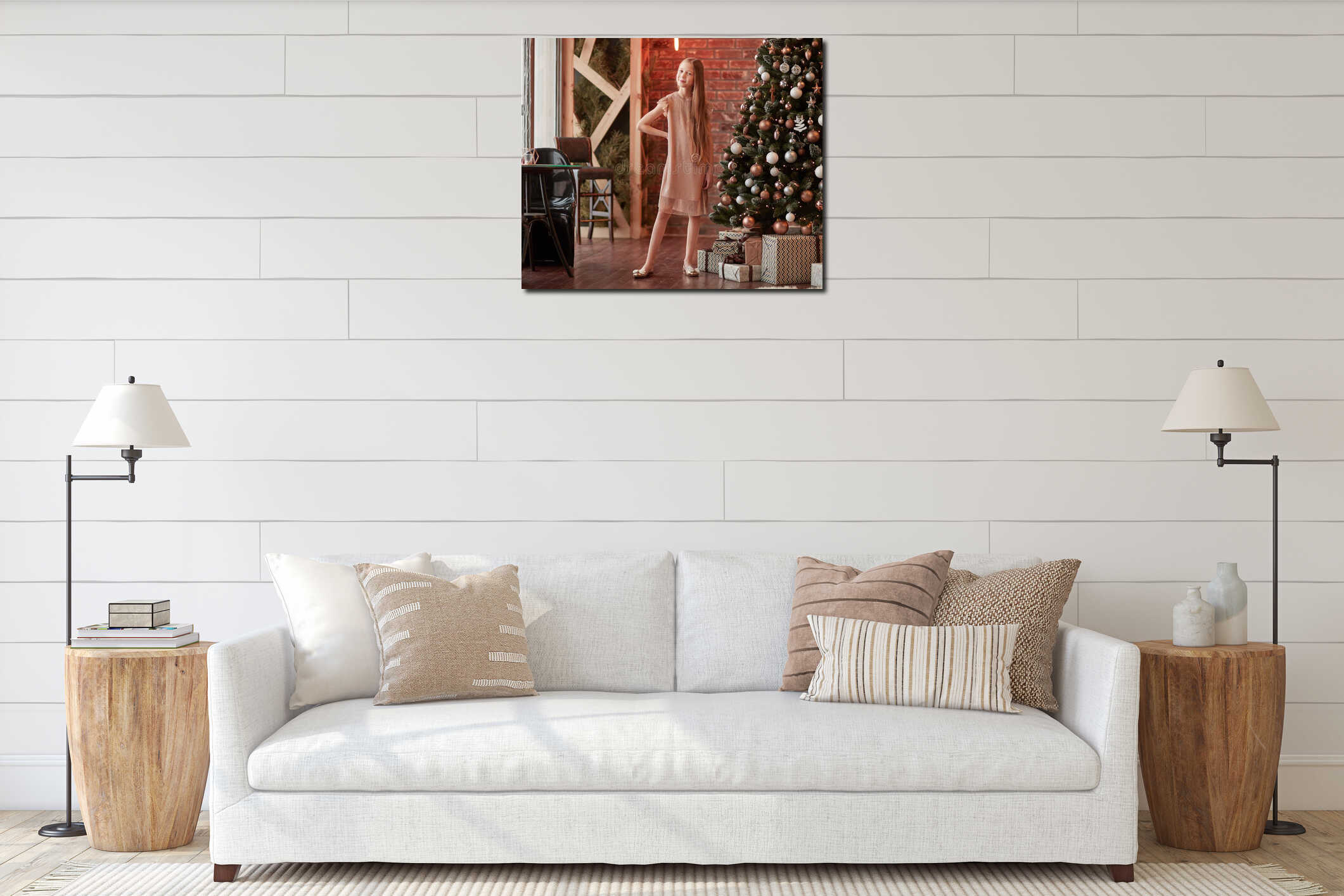 In full growth. cute girl standing in decorated living room interior mockup