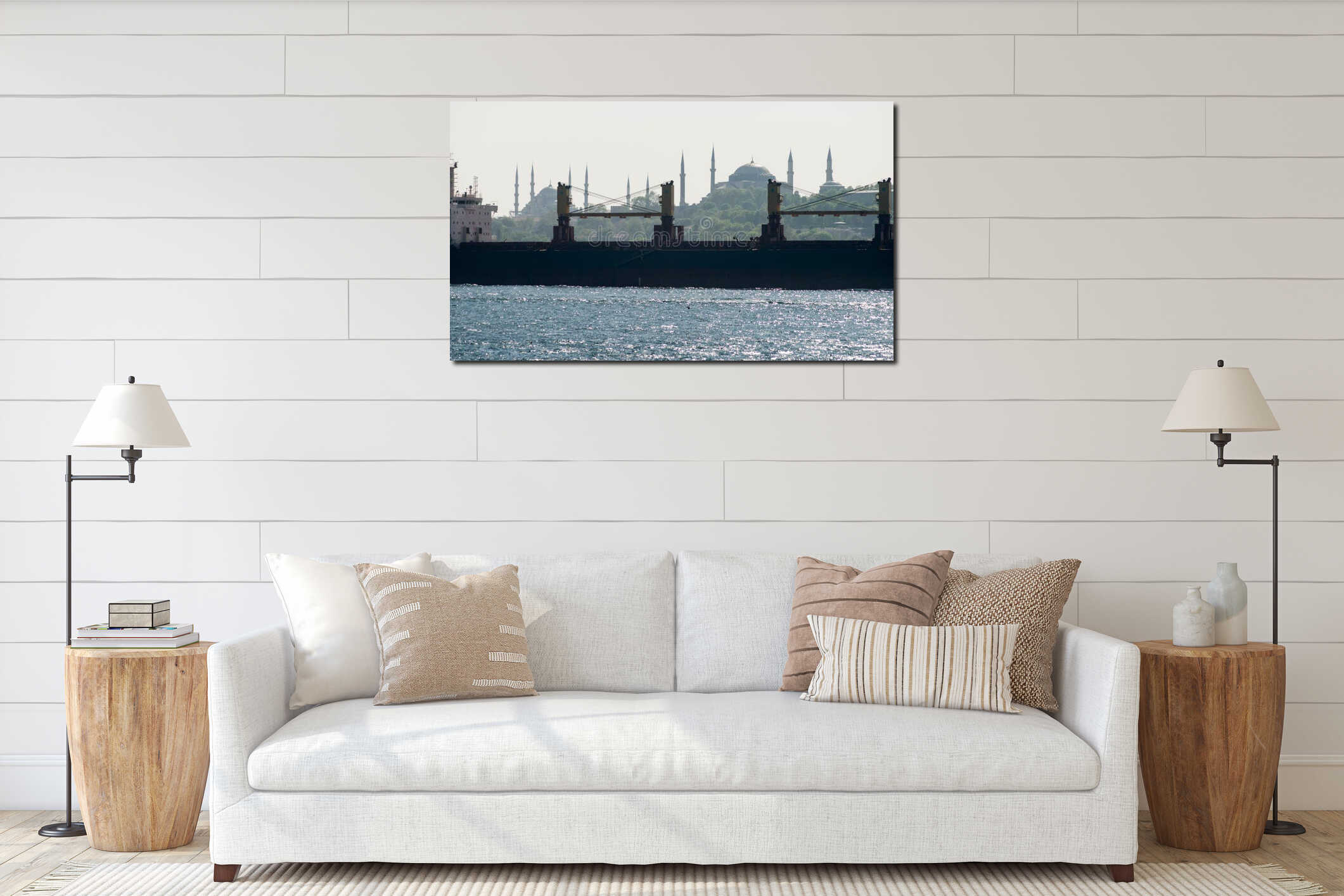 Silhouette of a bulk carrier sailing along the Bosphorus, against the background of the Blue Mosque and Hagia Sophia. Istanbul, interior mockup