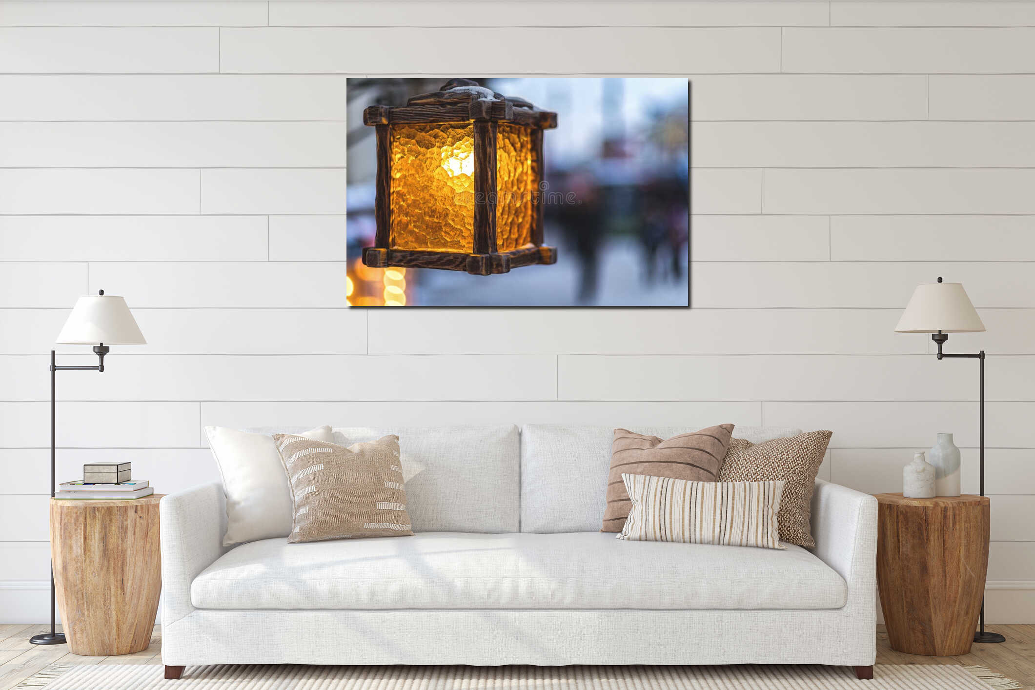 Beautiful floor lamp in the evening winter city interior mockup