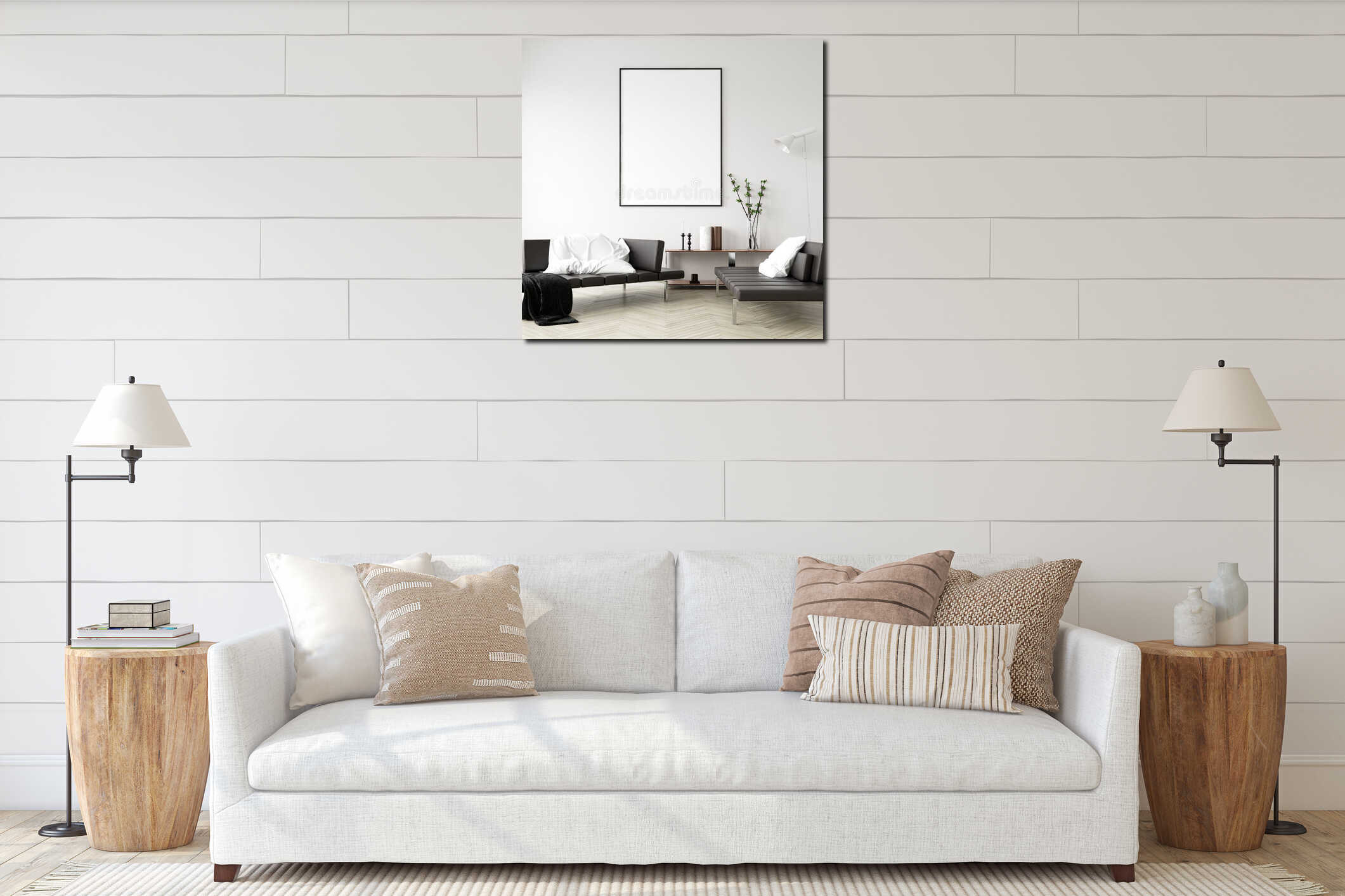 Mock up poster frame in home interior background, Modern style living room interior mockup