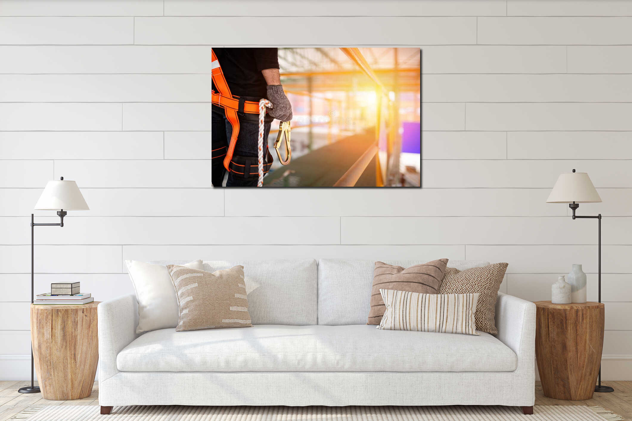 Construction worker wearing safety harness and safety line interior mockup