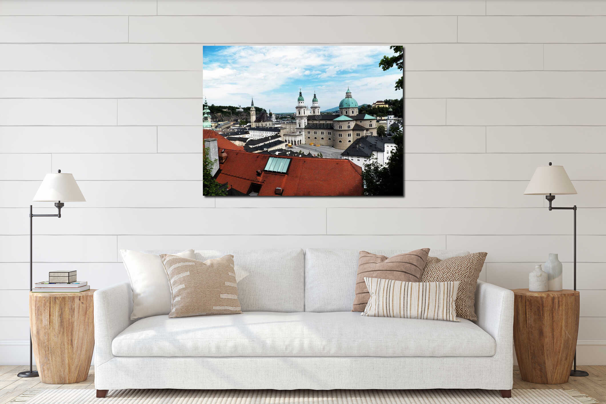 Roofs of houses and domes of churches in the old town of Salzburg. interior mockup