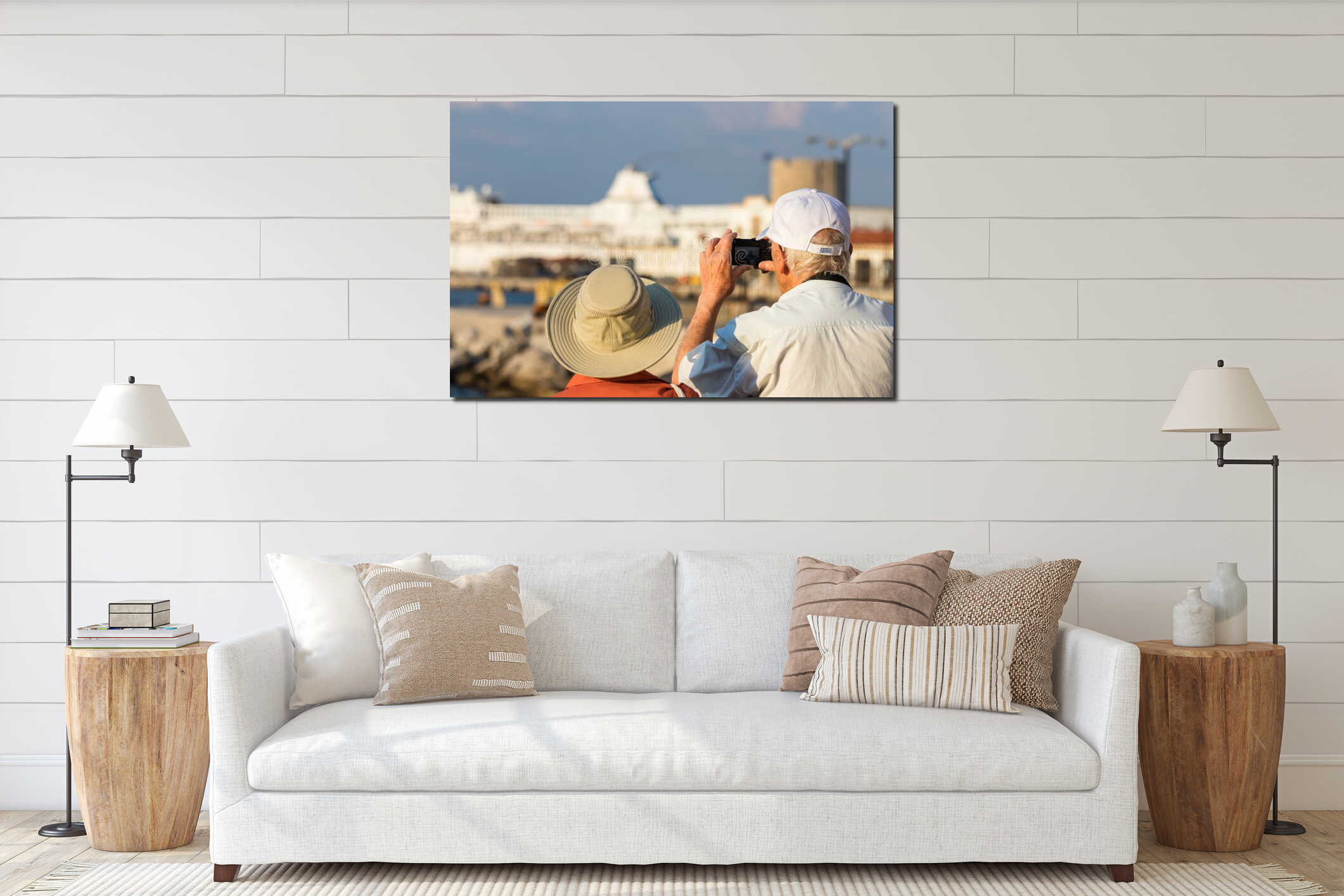 A senior couple tourists taking photos with a small digital camera at the port of Rhodos, Greece interior mockup