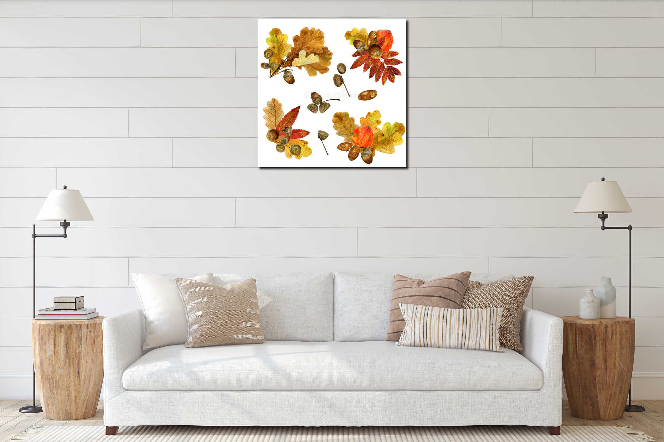 Set of watercolor fall leaves arrangements. Collection of natural hand drawn prints with autumn folliage and acorns interior mockup