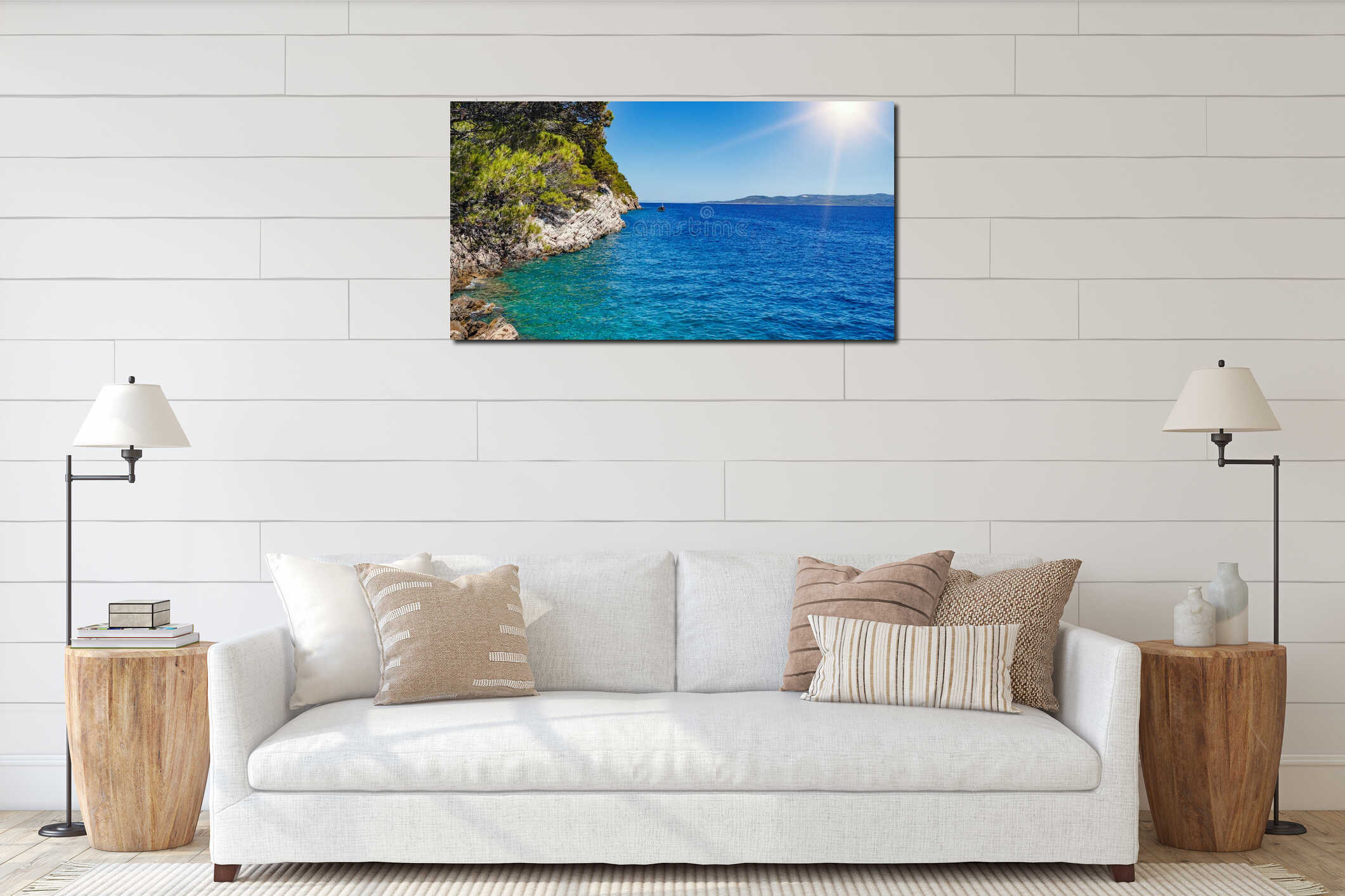 Coastal landscape. Sea coast with islands looming on the horizon. interior mockup