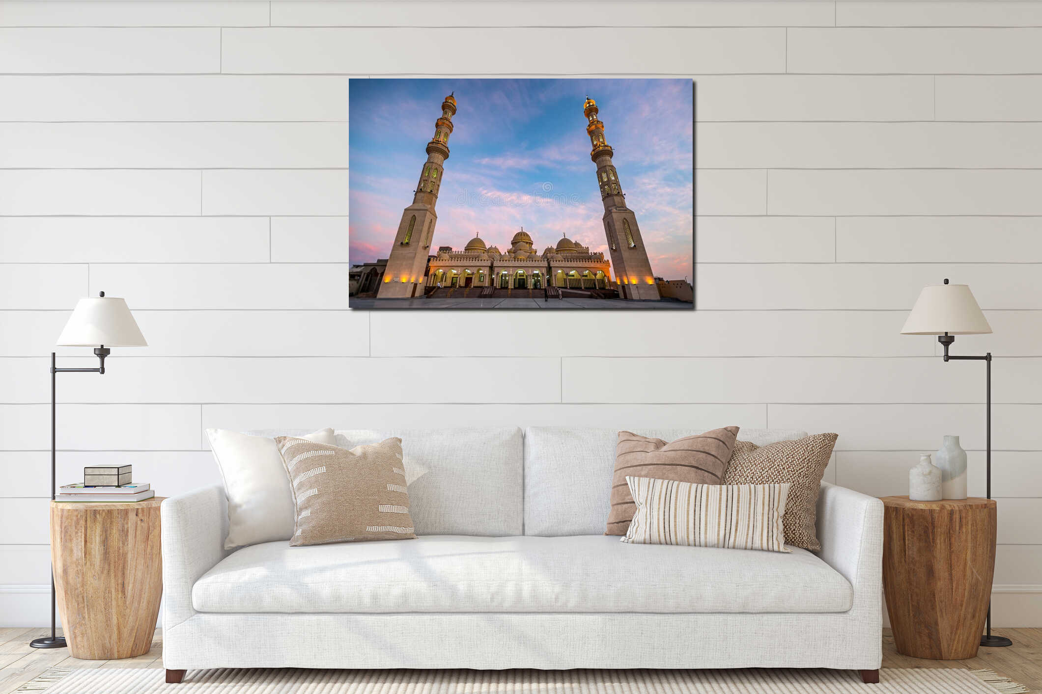 09/11/2018 Hurghada, Egypt, New snow-white mosque Al Mina on the Red Sea coast at dusk and highlighted interior mockup