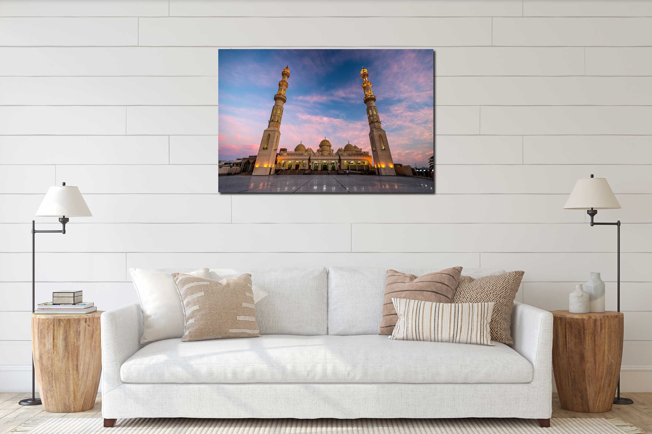 09/11/2018 Hurghada, Egypt, New snow-white mosque Al Mina on the Red Sea coast at dusk and highlighted interior mockup