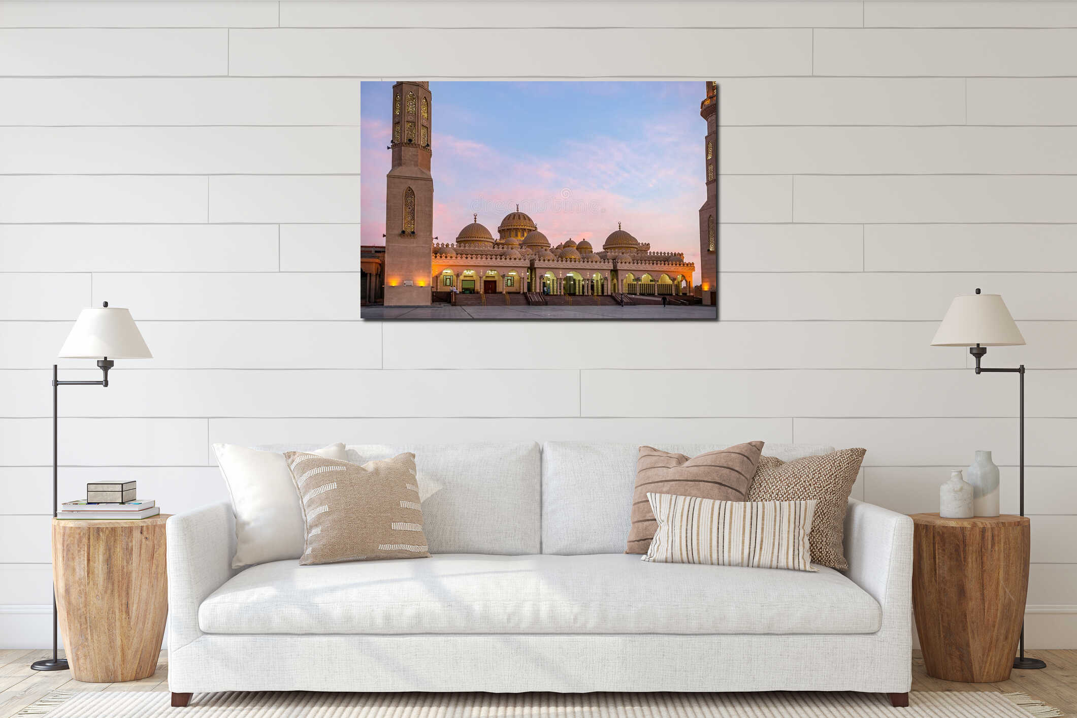 09/11/2018 Hurghada, Egypt, New snow-white mosque Al Mina on the Red Sea coast at dusk and highlighted interior mockup