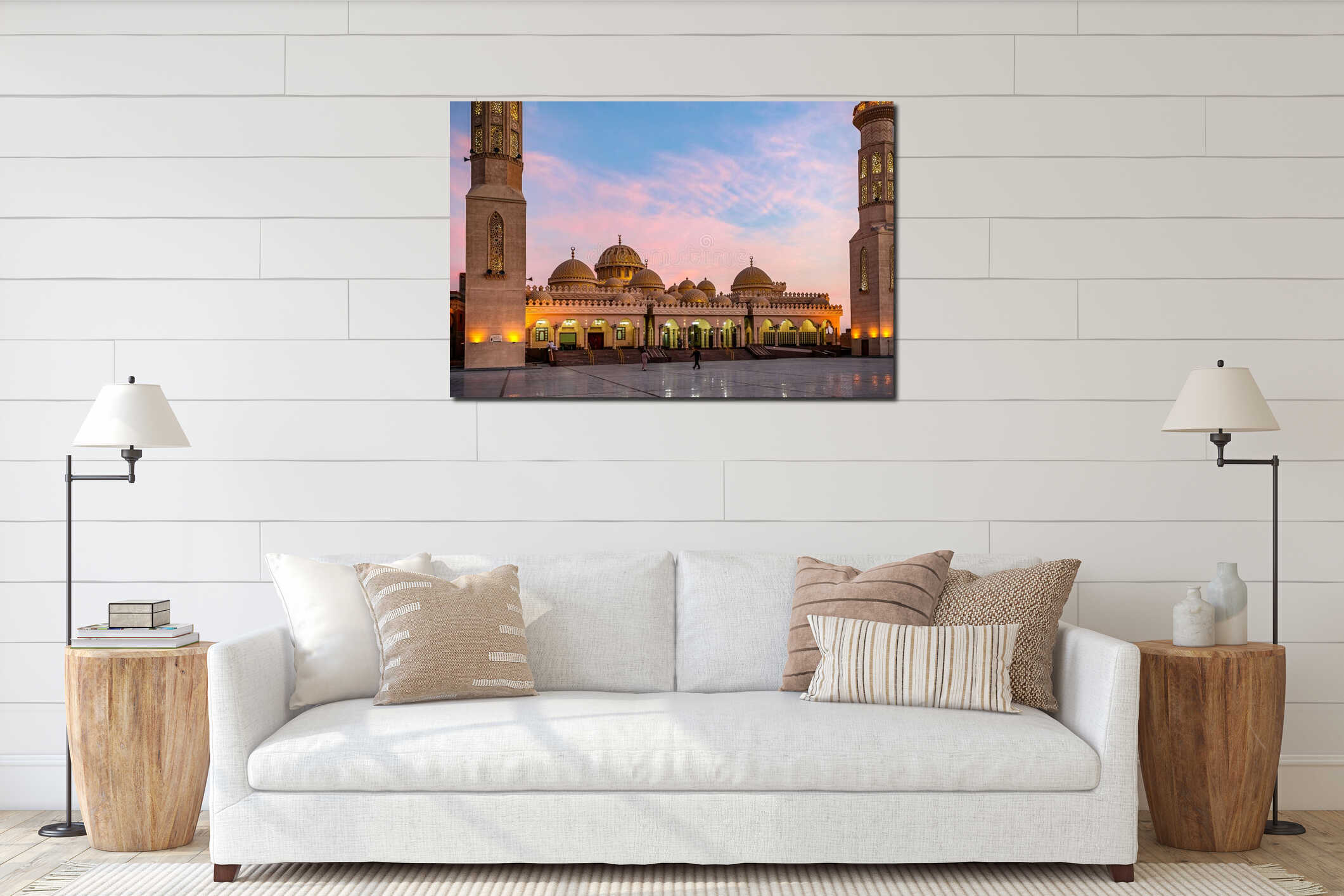 09/11/2018 Hurghada, Egypt, New snow-white mosque Al Mina on the Red Sea coast at dusk and highlighted interior mockup