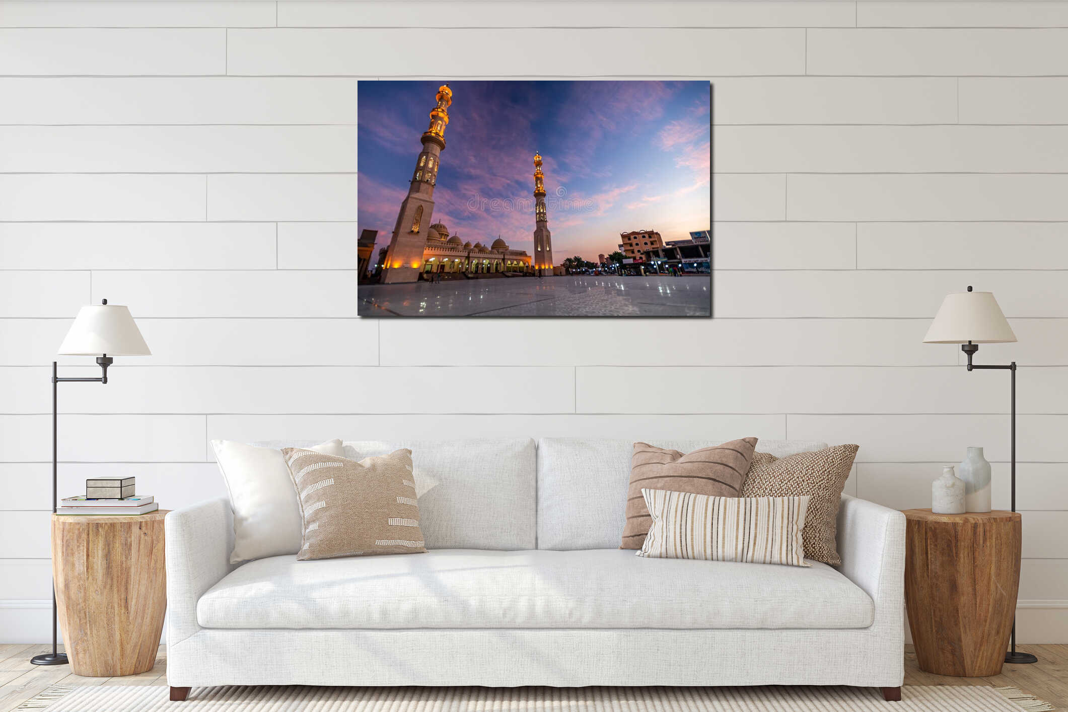 09/11/2018 Hurghada, Egypt, New snow-white mosque Al Mina on the Red Sea coast at dusk and highlighted interior mockup