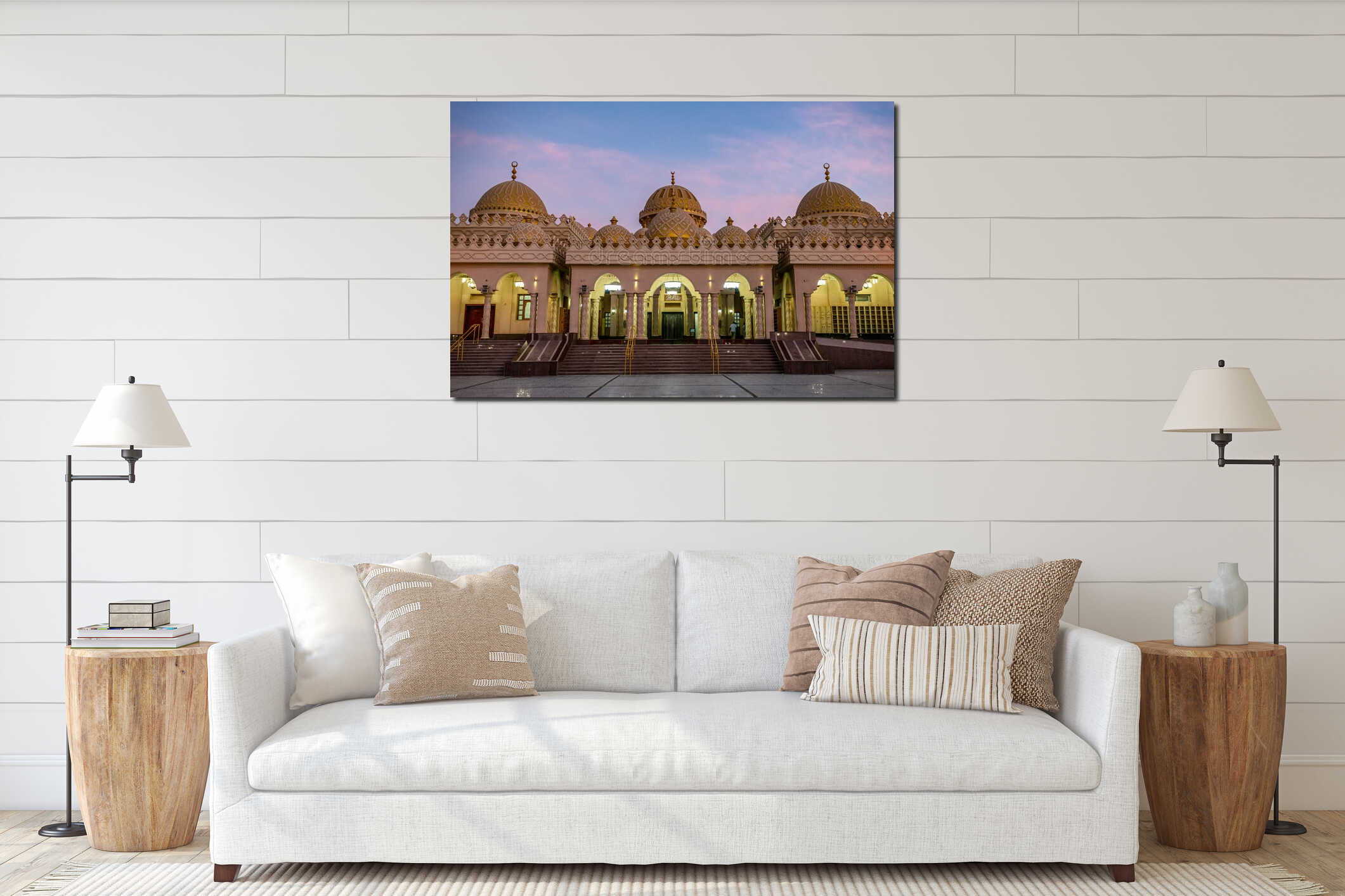 09/11/2018 Hurghada, Egypt, New snow-white mosque Al Mina on the Red Sea coast at dusk and highlighted interior mockup
