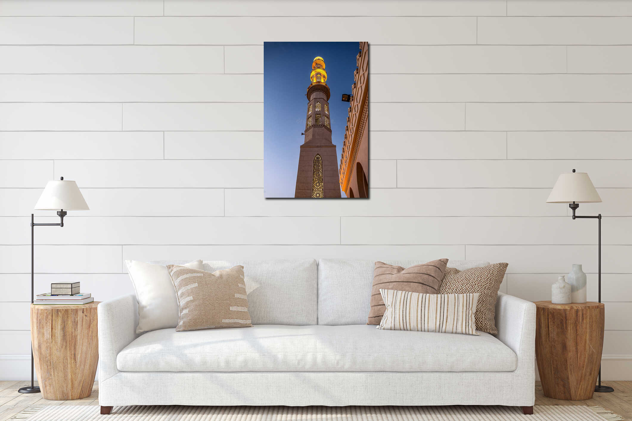 09/11/2018 Hurghada, Egypt, Minaret of the new snow-white mosque Al Mina on the Red Sea coast at dusk and illuminated interior mockup