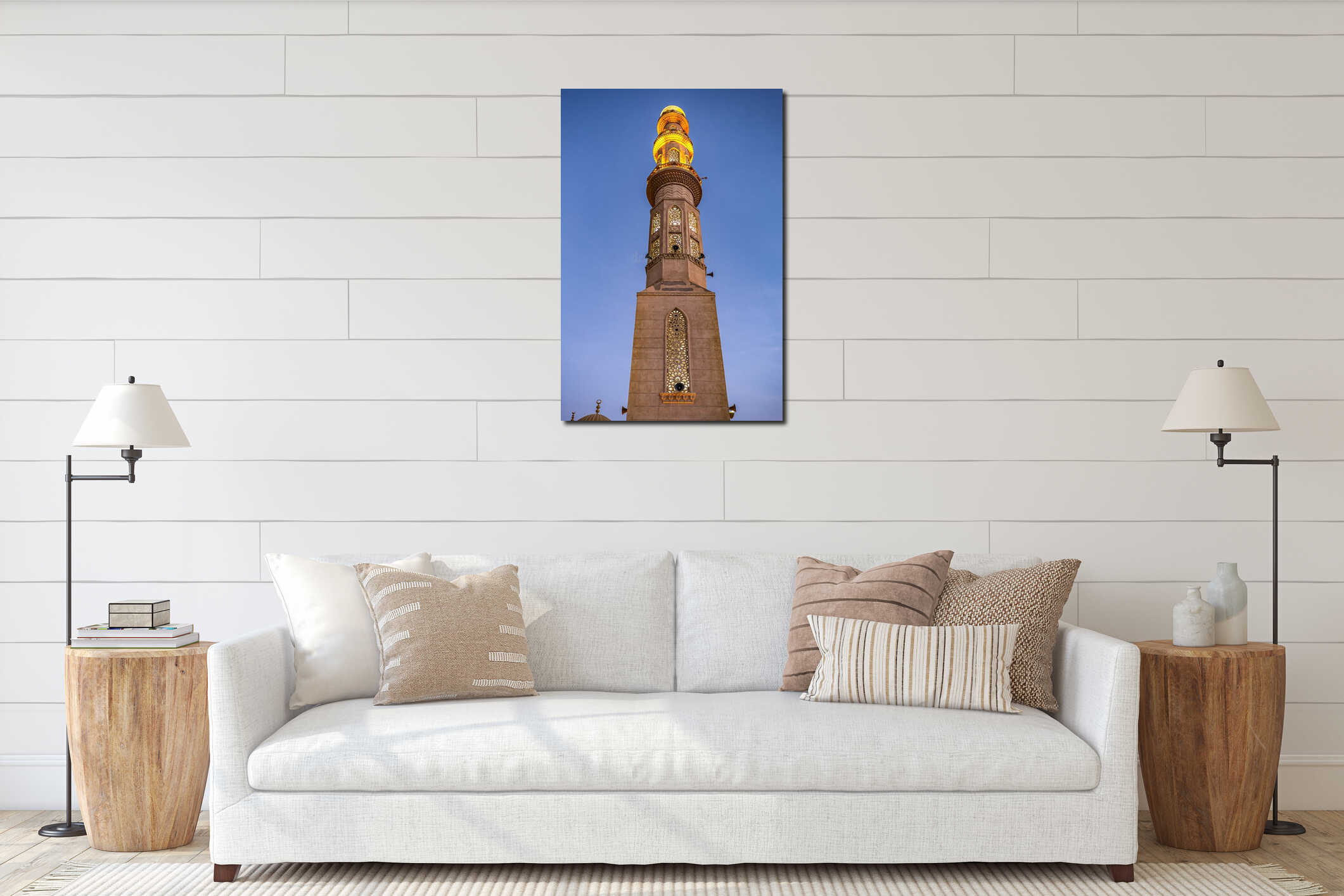 09/11/2018 Hurghada, Egypt, Minaret of the new snow-white mosque Al Mina on the Red Sea coast at dusk and illuminated interior mockup