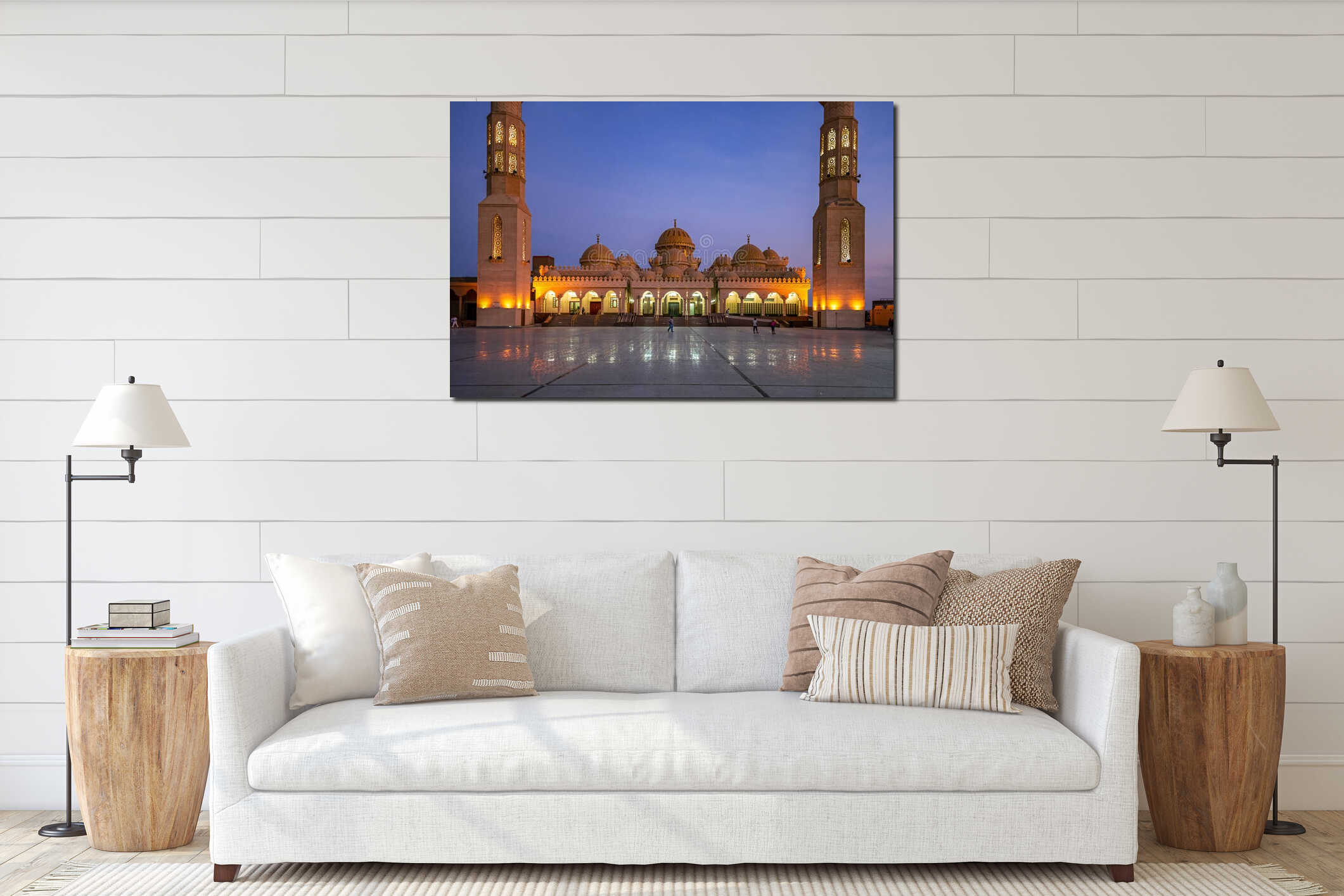 09/11/2018 Hurghada, Egypt, New snow-white mosque Al Mina on the Red Sea coast at dusk and highlighted interior mockup