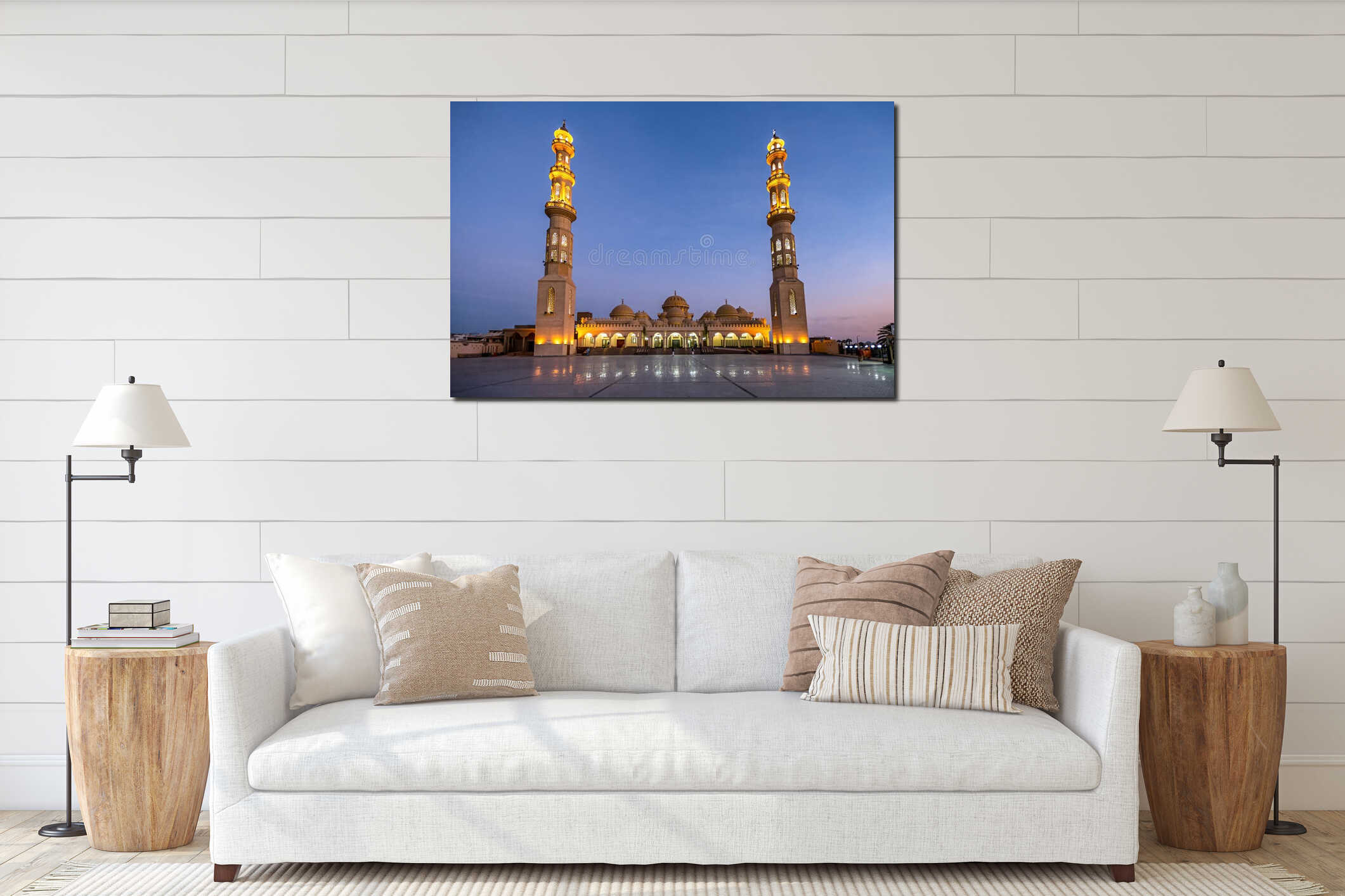 09/11/2018 Hurghada, Egypt, New snow-white mosque Al Mina on the Red Sea coast at dusk and highlighted interior mockup