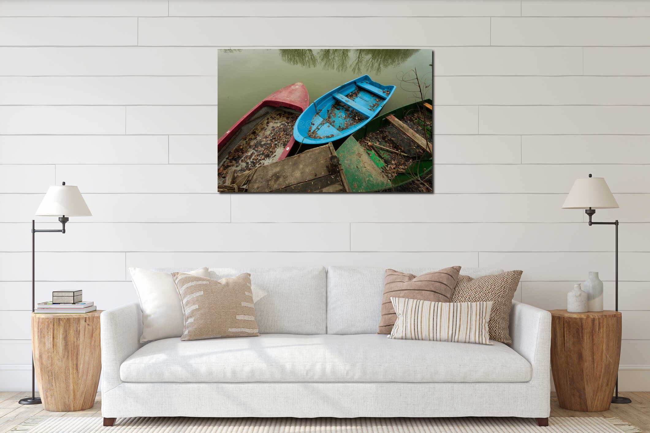 Small boats tied to a wooden dock full of fallen leaves on pond interior mockup
