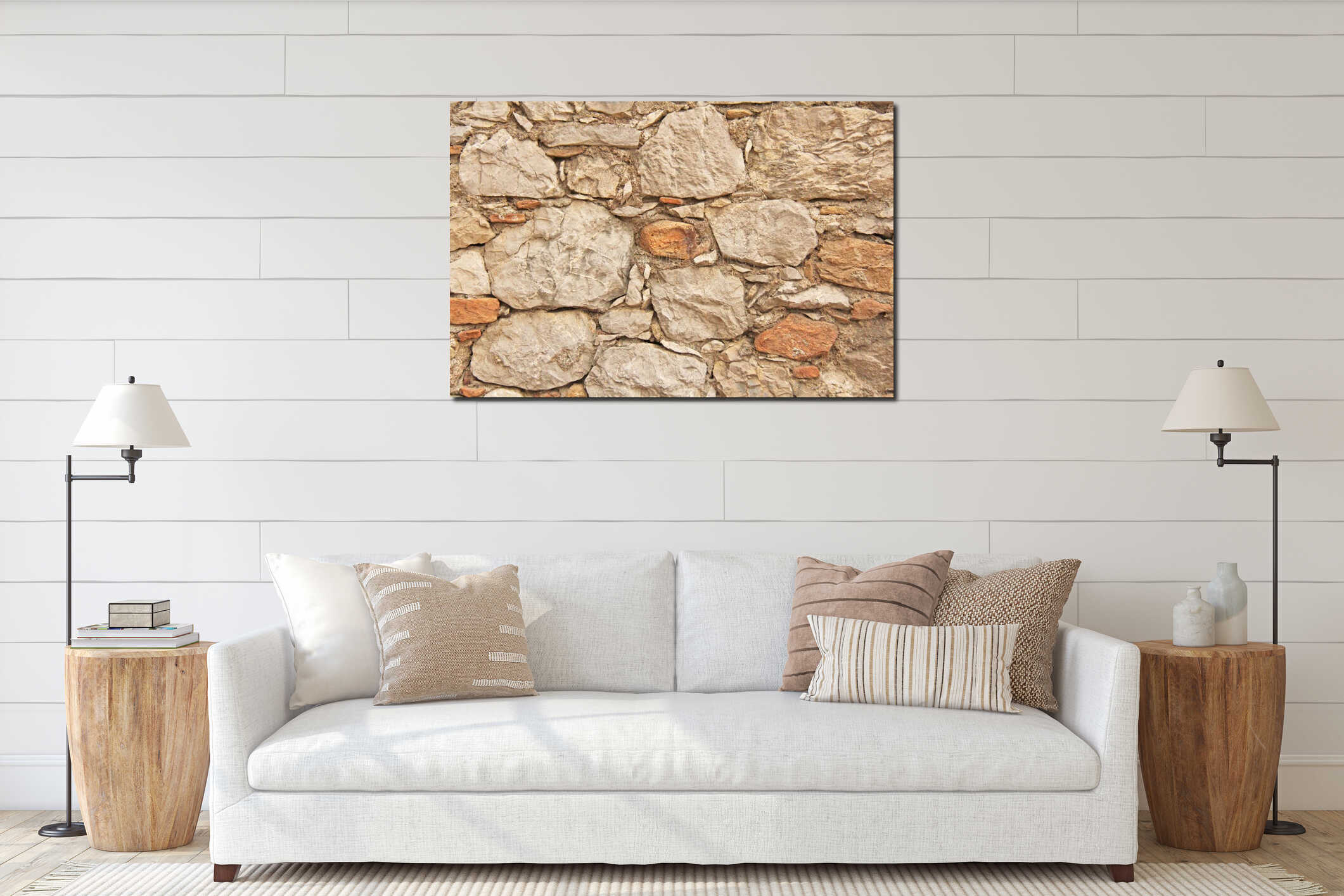 Background of brown, beige and gray stones. The old wall of stones. Ancient ruins. Beige background of stones. The island of interior mockup