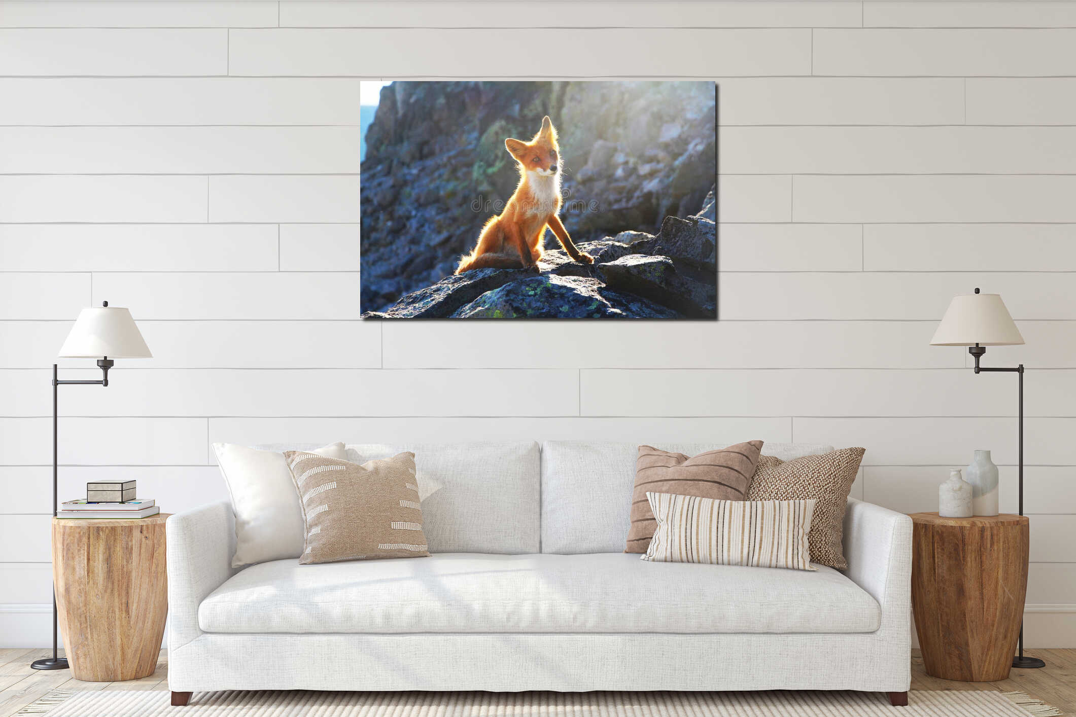 Beautiful wild red fox sits on a stone interior mockup