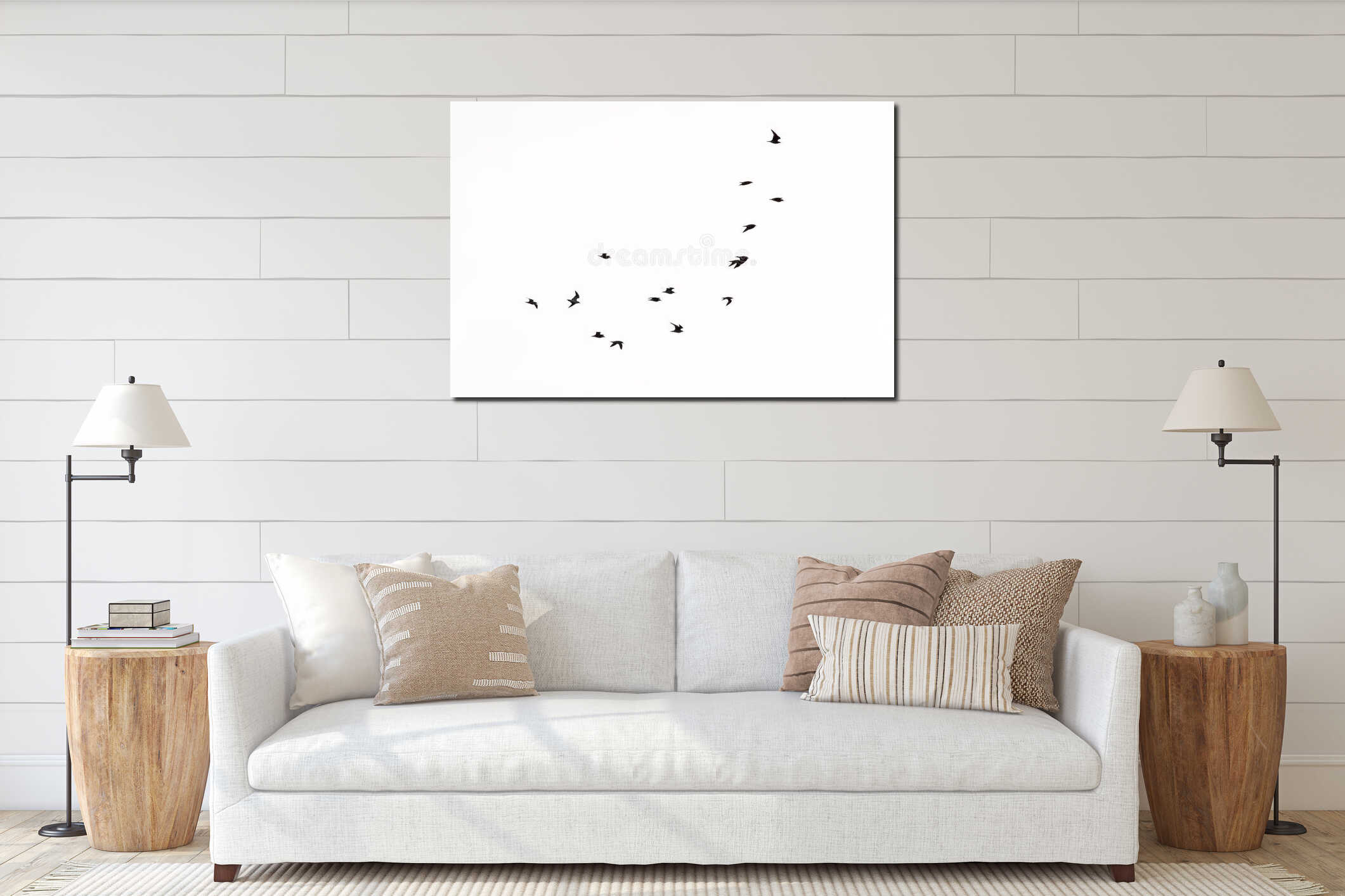 Silhouettes of terns in flight isolated on white interior mockup