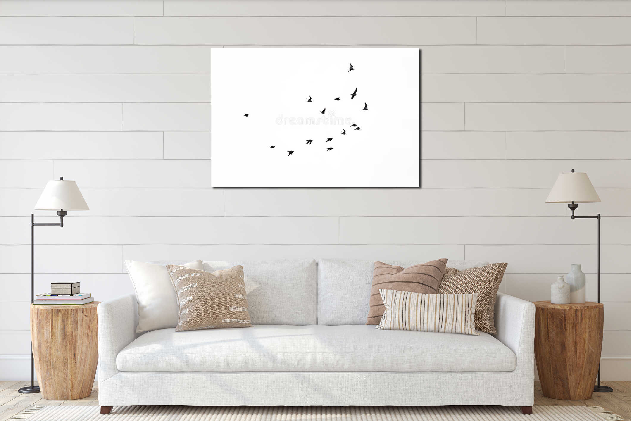 Silhouettes of terns in flight isolated on white interior mockup