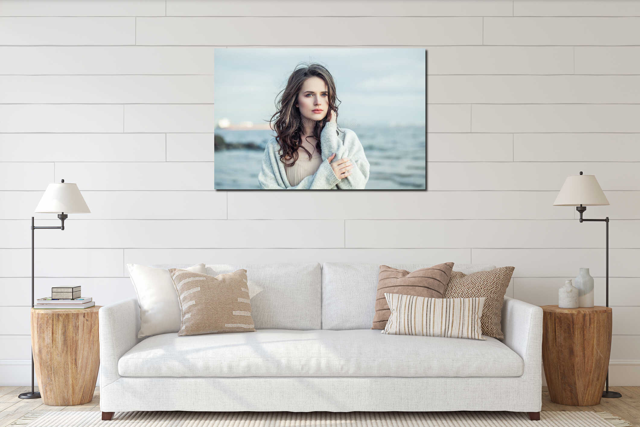 Portrait of young beauty woman with long brown hair outdoor. Romantic vacation interior mockup