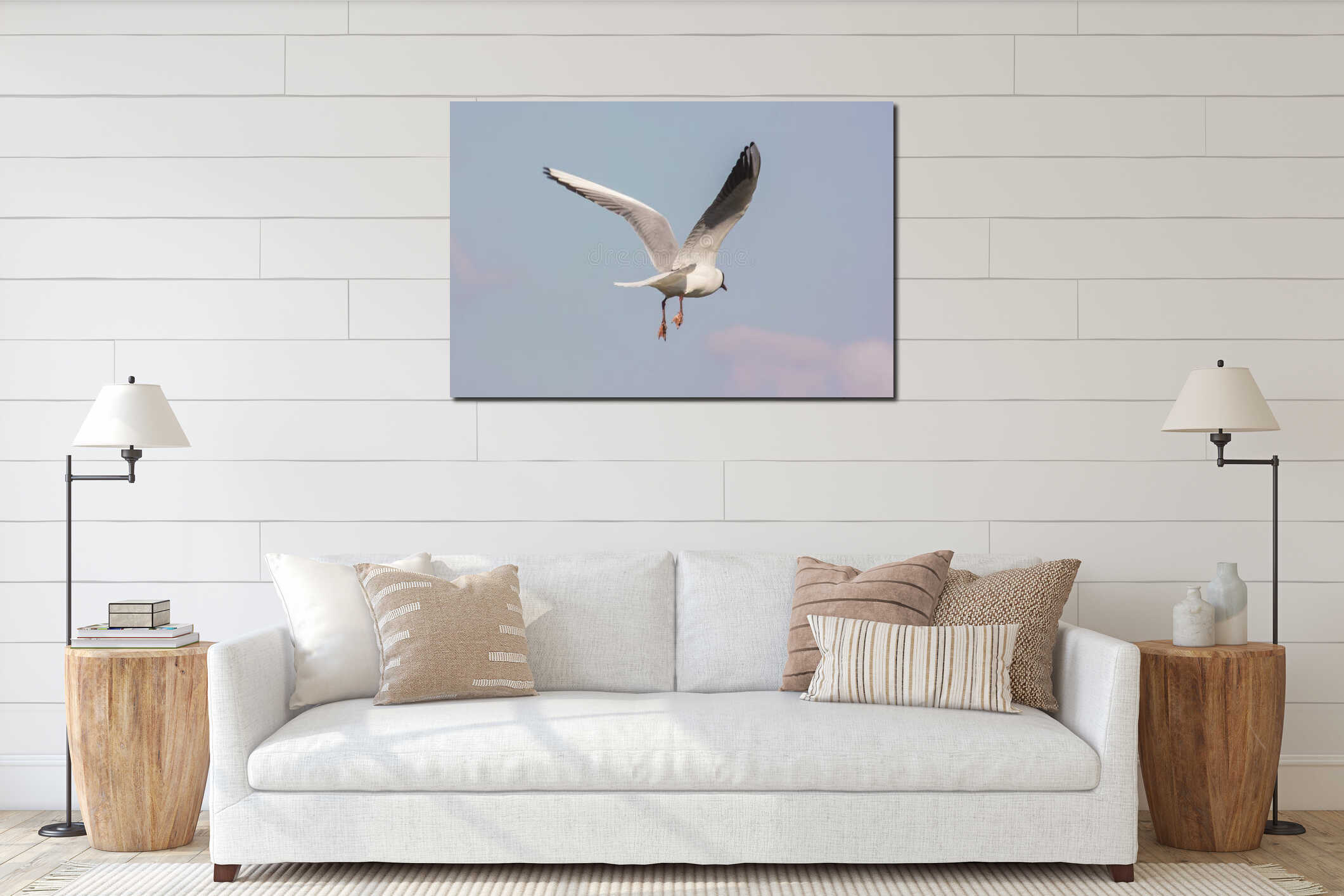 Seagull flying away interior mockup