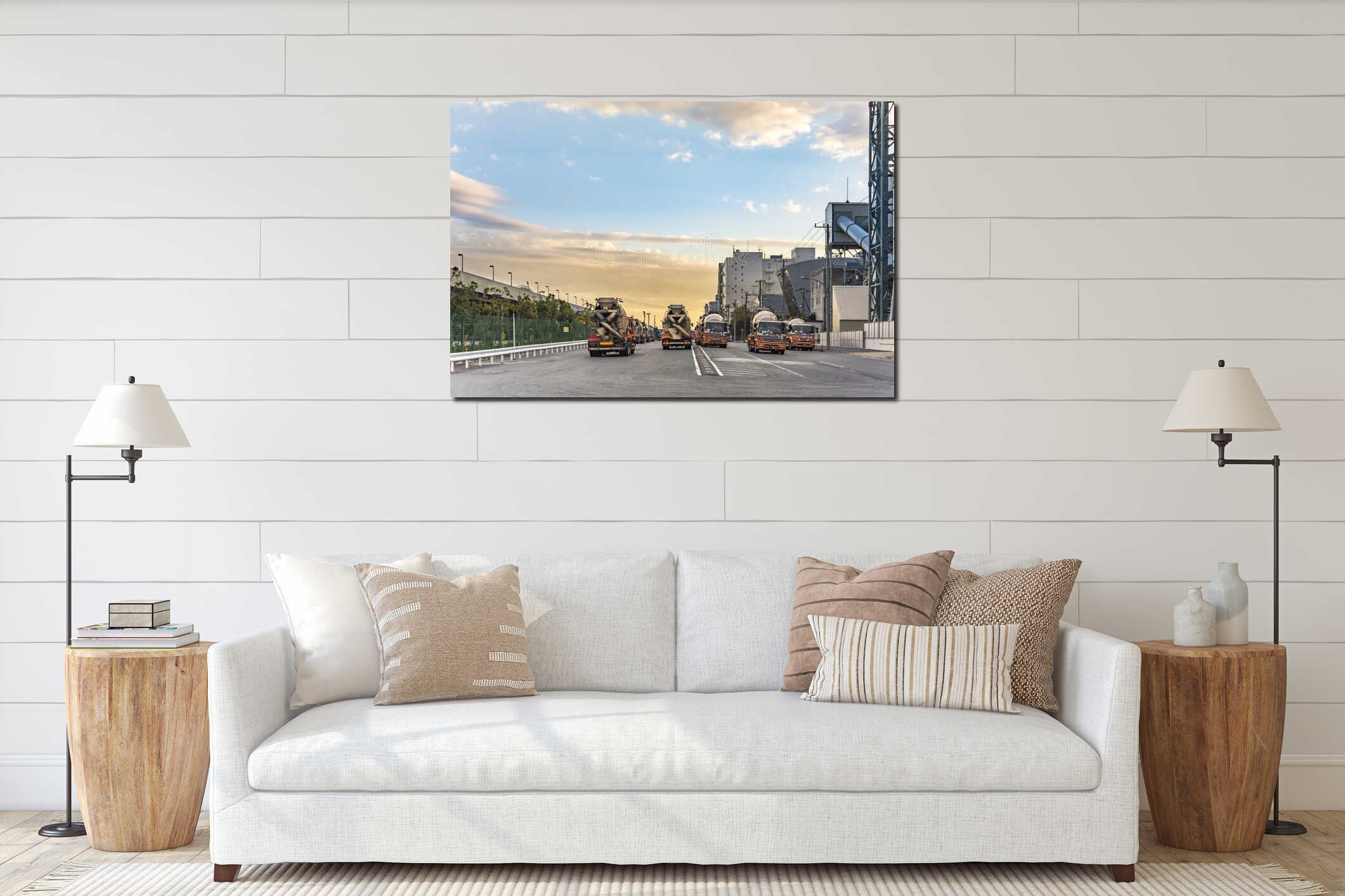 Sunset on concrete mixing transport trucks parked in the Odaiba Bay industrial harbor in front of the Rainbow Bridge of Tokyo interior mockup