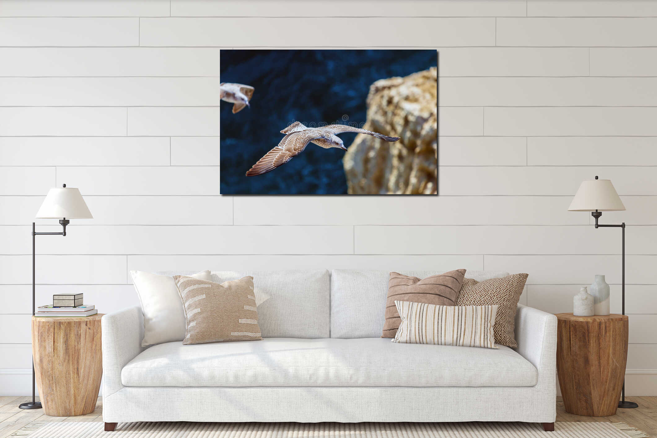 Seagull in flight in nature interior mockup