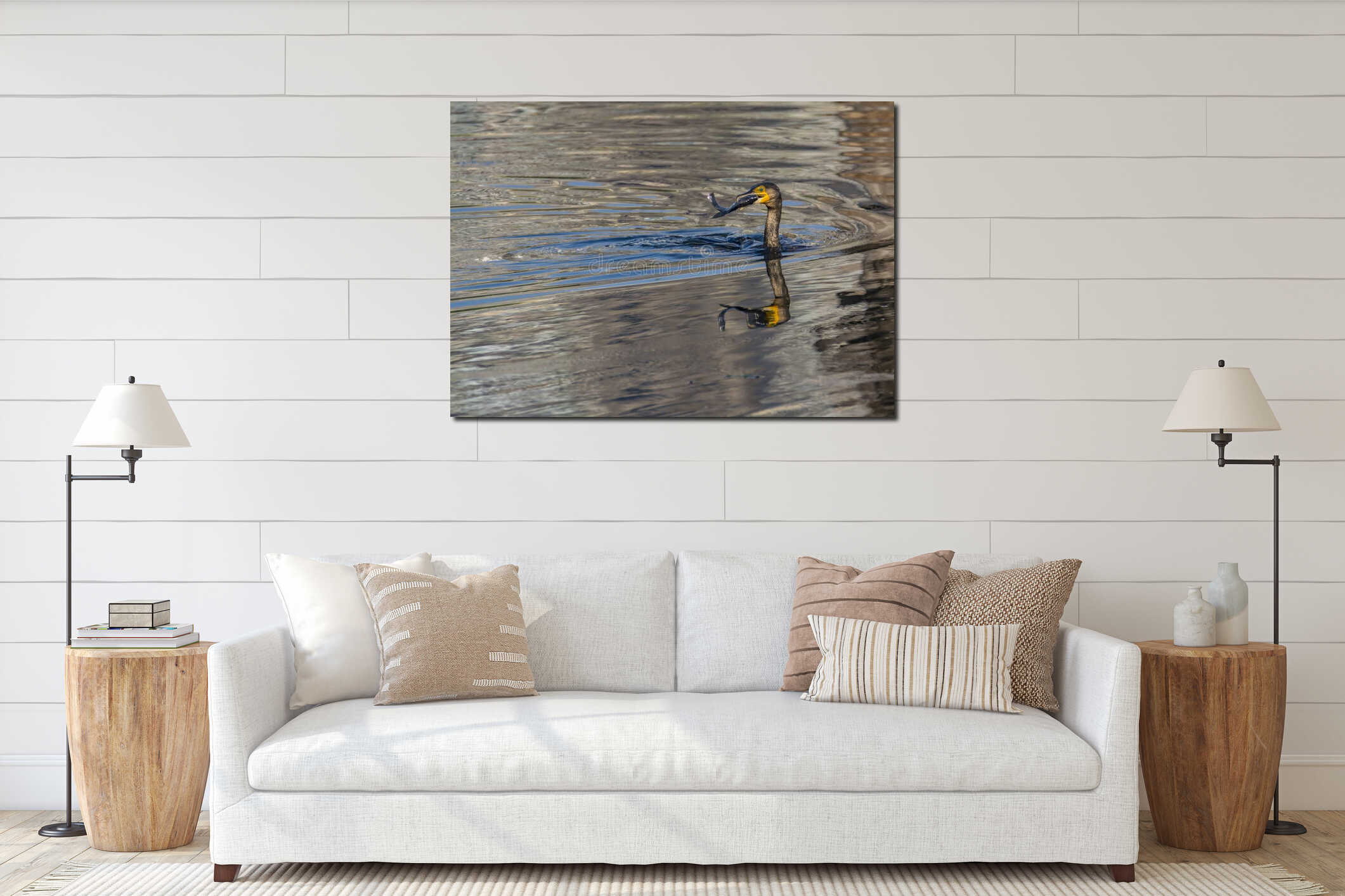 Phalacrocorax carbo or Great cormorant Fishing interior mockup