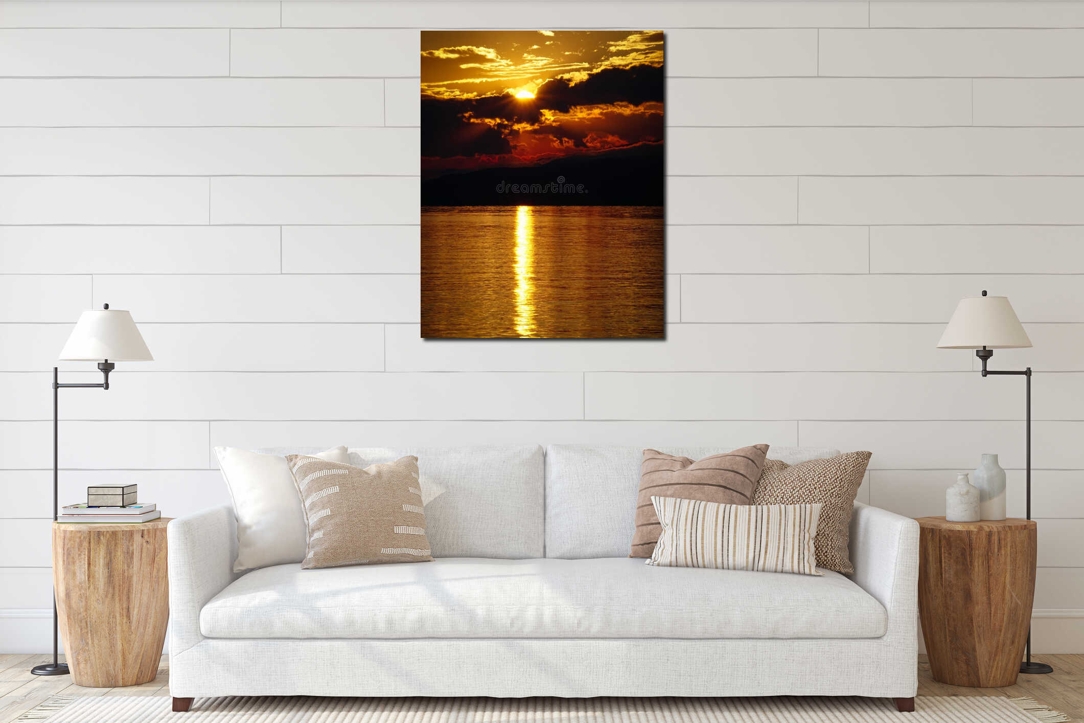 Landscape of sunset over the lake and mountains. Cloudy sky. Iznik, Bursa, Turkey interior mockup