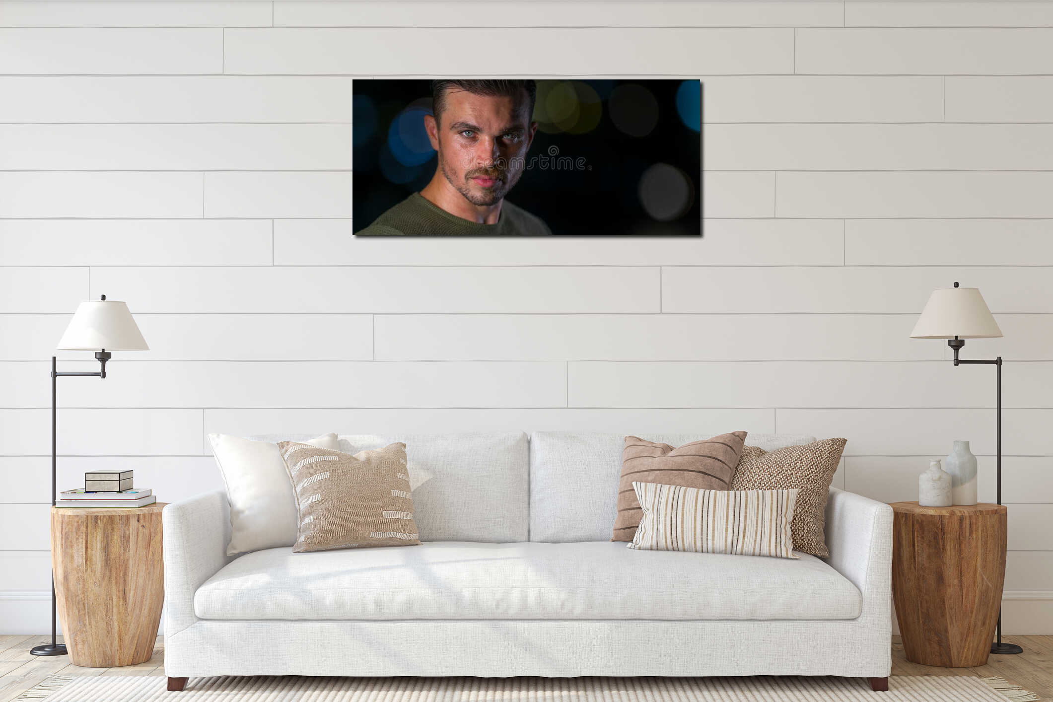 Handsome Caucasian Male Model posing by night in City portrait interior mockup