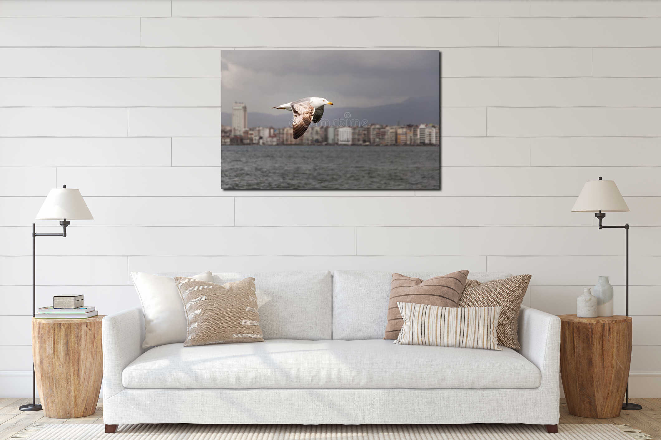 Close up seagull flying sky. Blur city landscape from Izmir, Turkey interior mockup