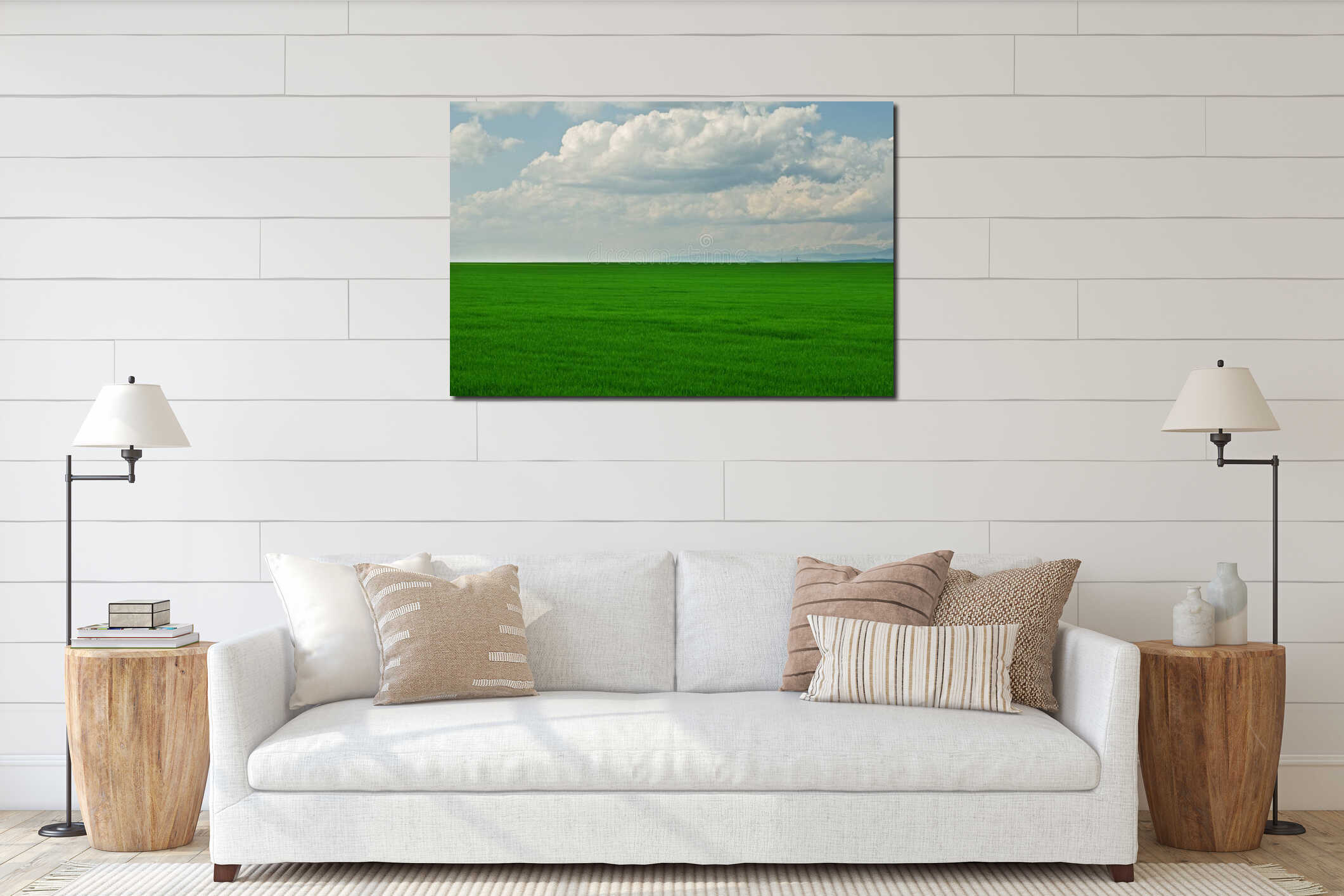 Green grass field with cloudy blue sky interior mockup