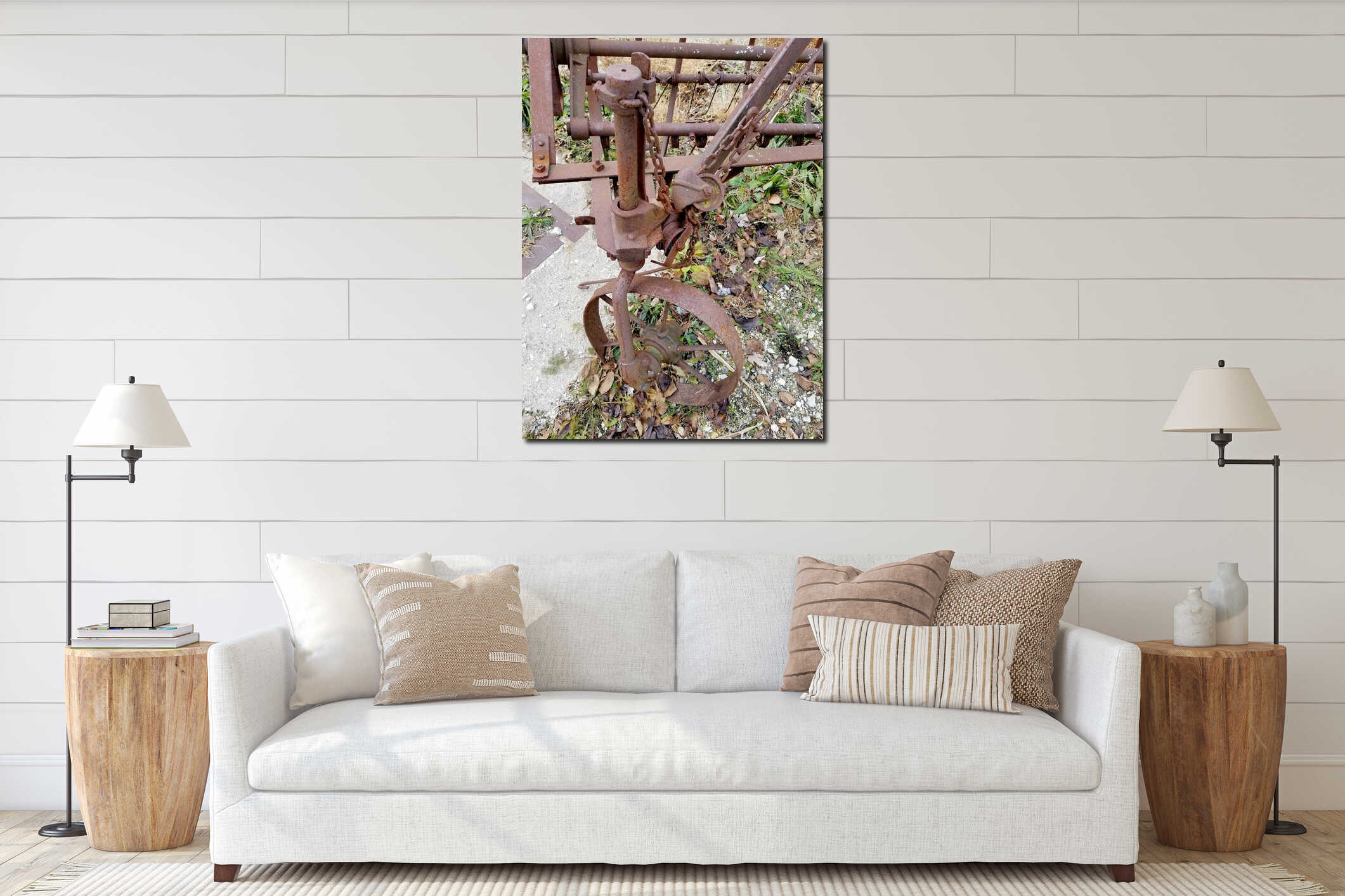 Rusted farm equipment gears interior mockup