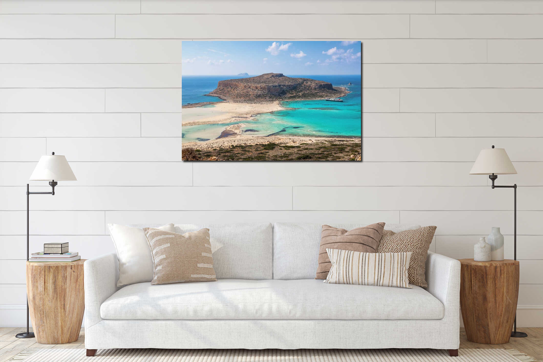 Crete coast, Balos bay, Greece. Amazing sand strand, sea of turquoise and blue colors with the ship. Popular touristic resort. interior mockup
