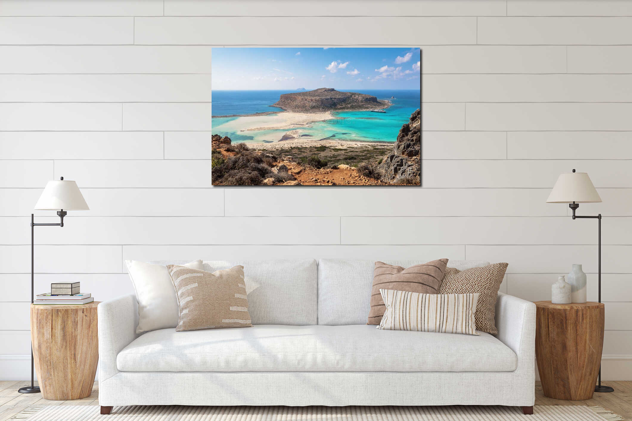 Crete coast, Balos bay, Greece. Amazing sand strand, sea of turquoise and blue colors with the ship. Popular touristic resort. interior mockup