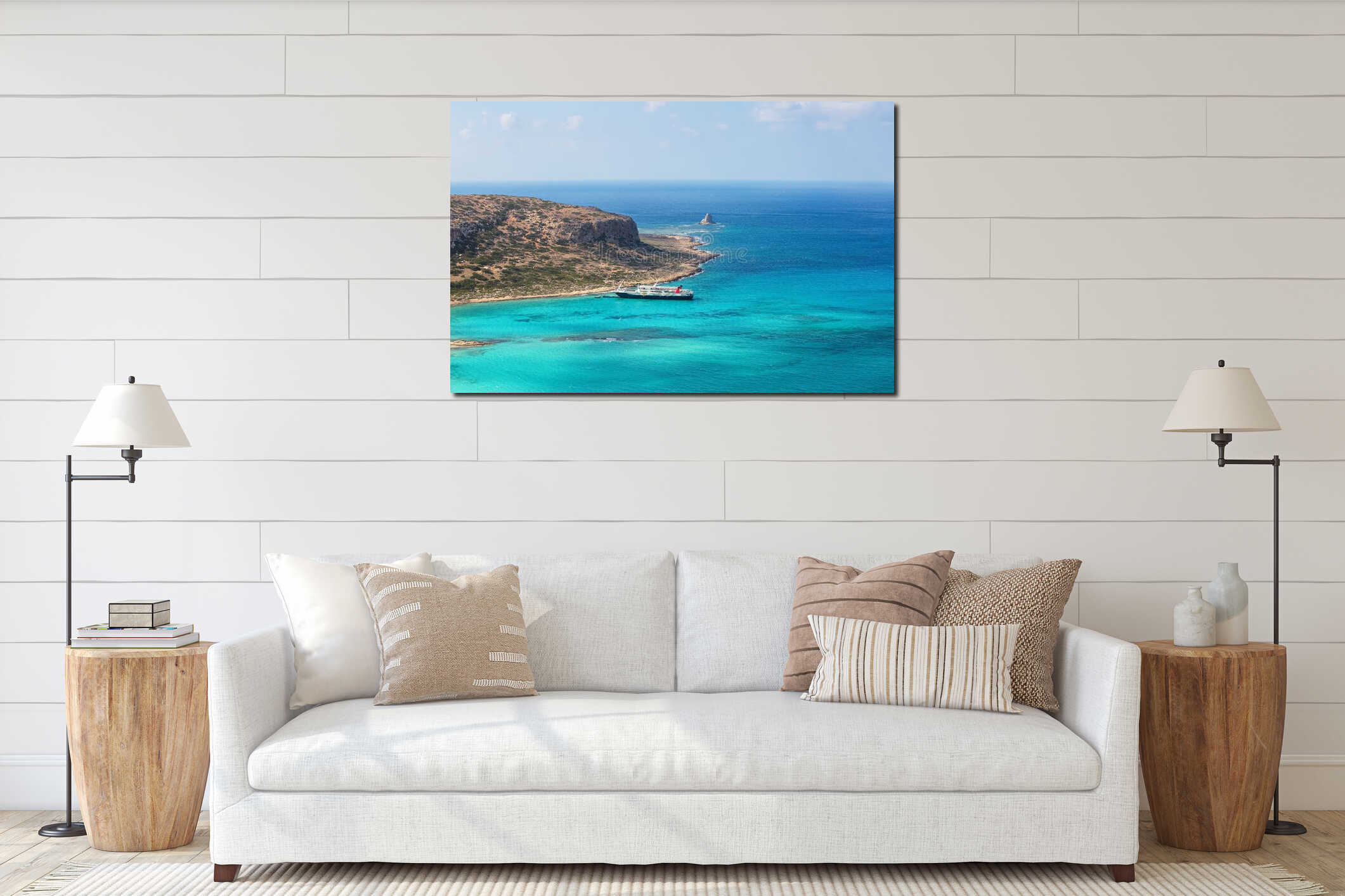 Crete coast, Balos bay, Greece. The ship is going on the marvelous turquoise sea. Popular touristic resort. Summer scenic. interior mockup