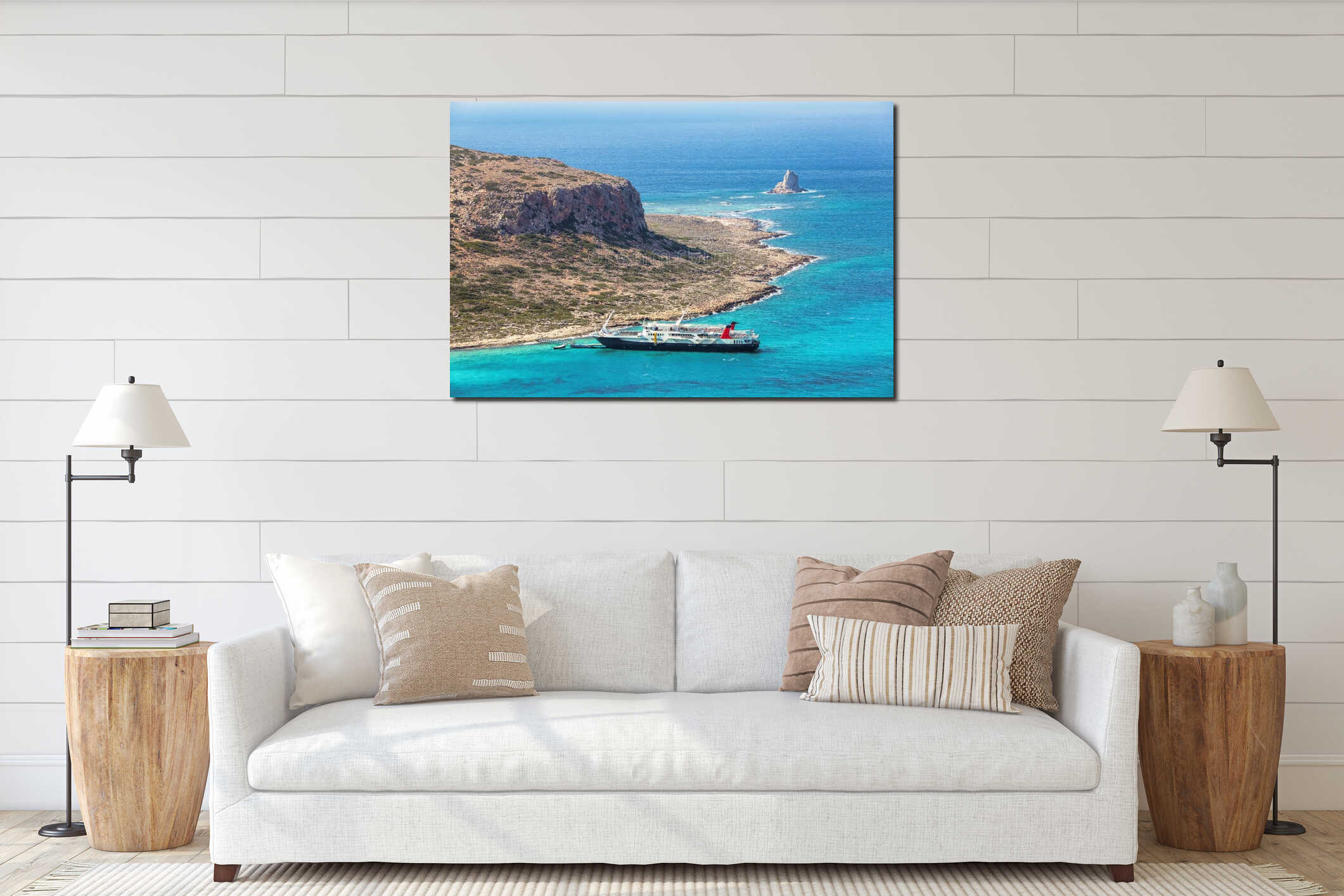 Crete coast, Balos bay, Greece. The ship is going on the marvelous turquoise sea. Popular touristic resort. Summer landscape. interior mockup