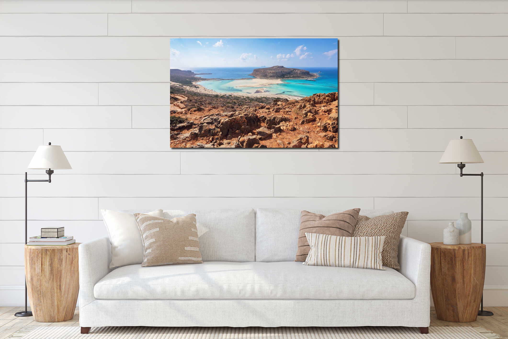Crete coast, Balos bay, Greece. Amazing sand strand, sea of turquoise and blue colors with the ship. Popular touristic resort. interior mockup
