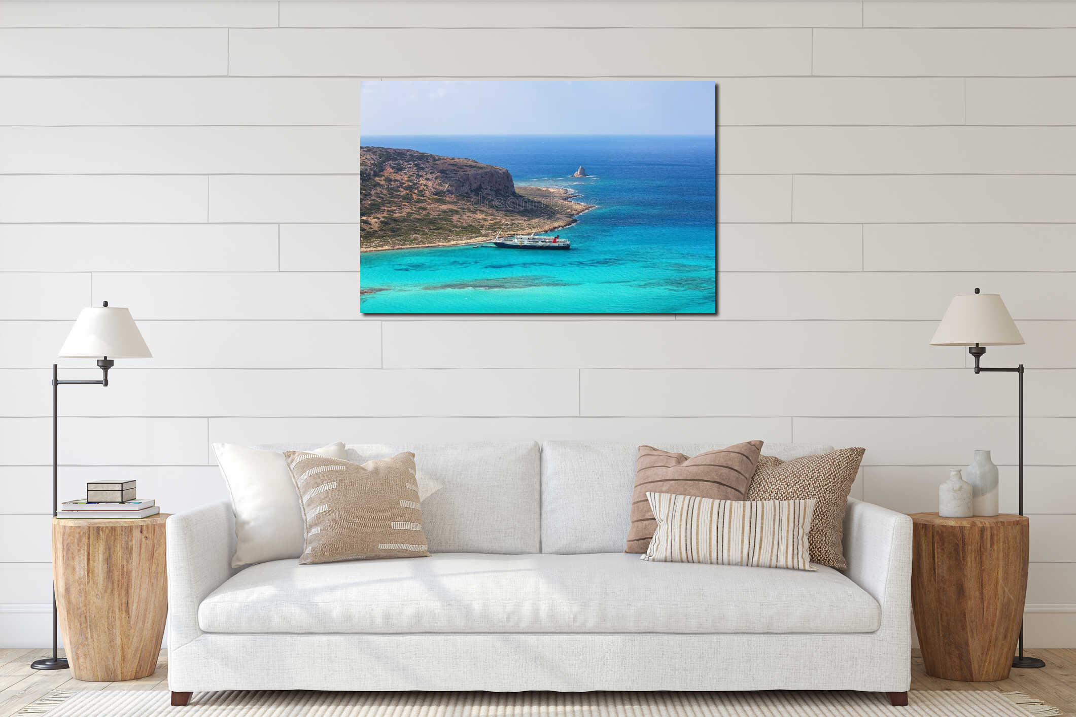 Crete coast, Balos bay, Greece. The ship is going on the marvelous turquoise sea. Popular touristic resort. Summer landscape. interior mockup
