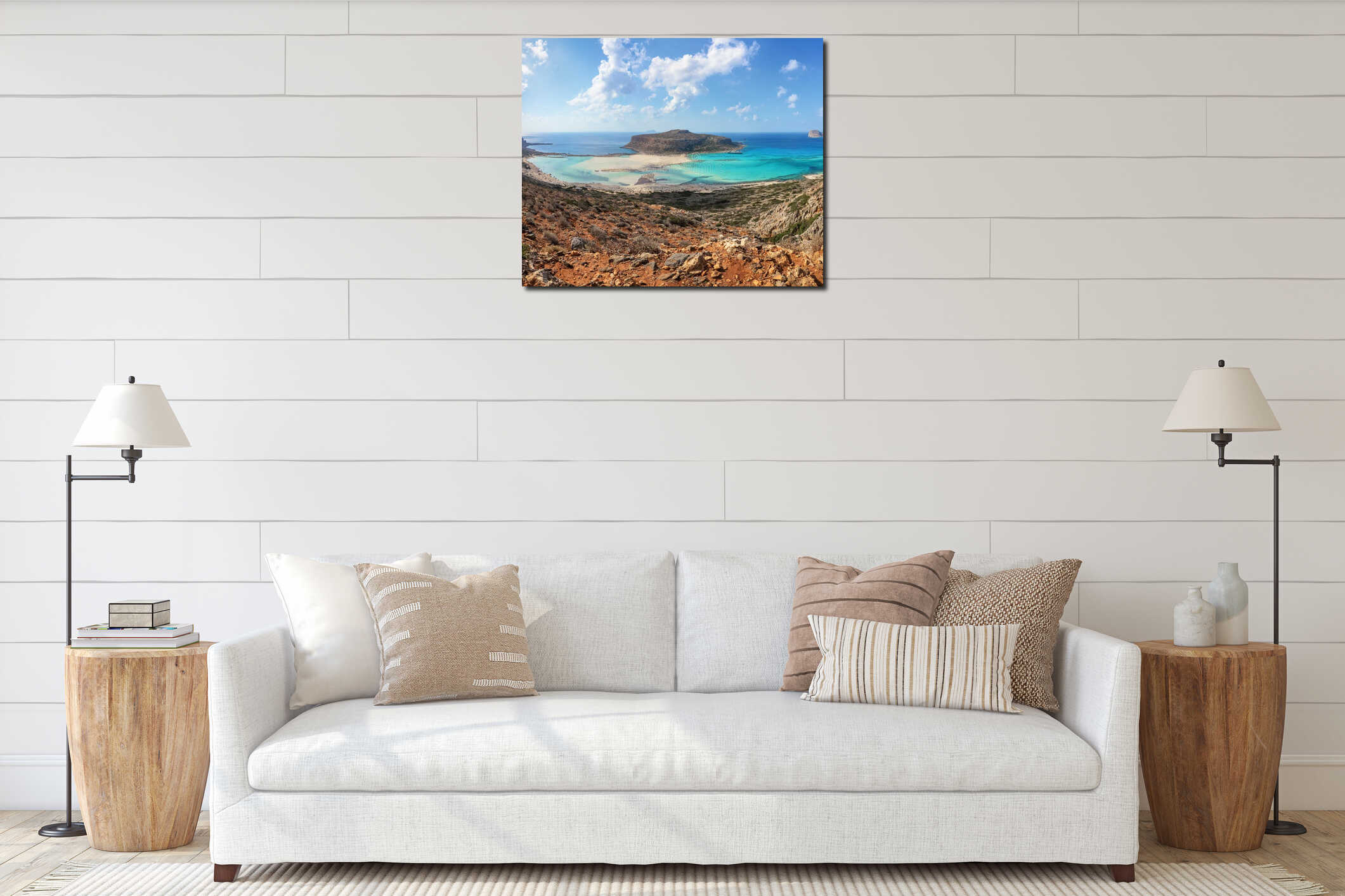 Popular touristic resort, coast of island Crete, Greece. Marvelous landscape of a rocky hill, Balos beach with fantastic sand. interior mockup