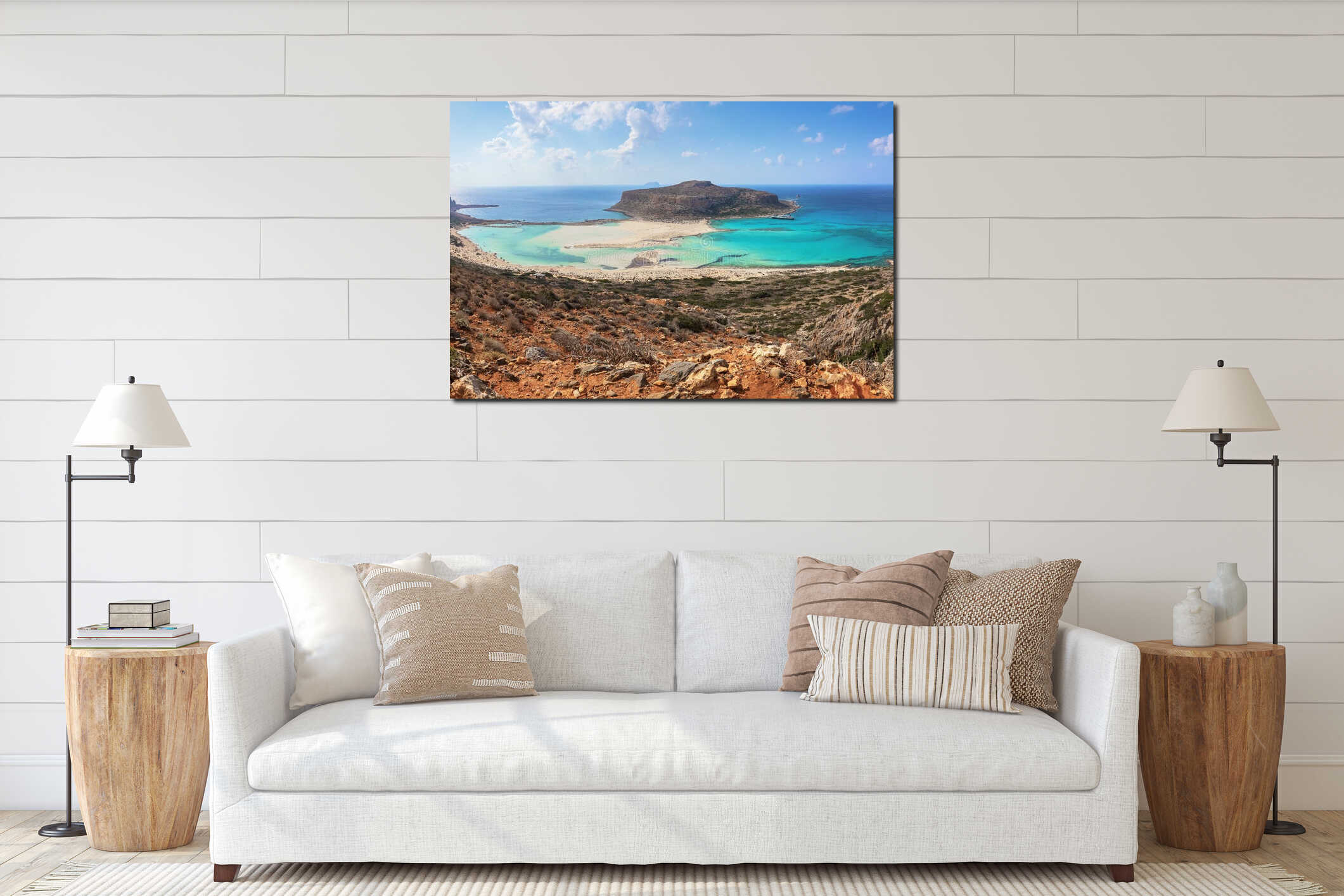 Popular touristic resort, coast of island Crete, Greece. Marvelous landscape of a rocky hill, Balos beach with fantastic sand. interior mockup