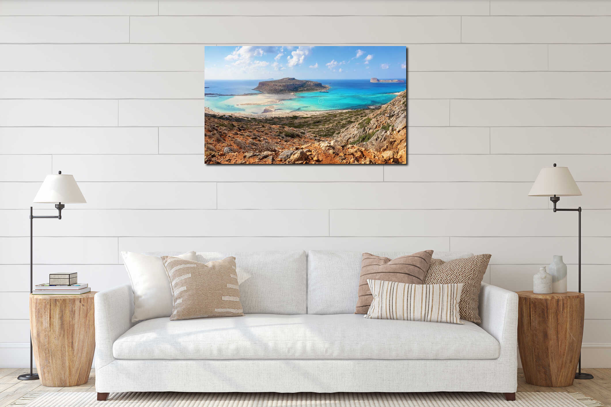 Popular touristic resort, coast of island Crete, Greece. Marvelous landscape of a rocky hill, Balos beach with fantastic sand. interior mockup