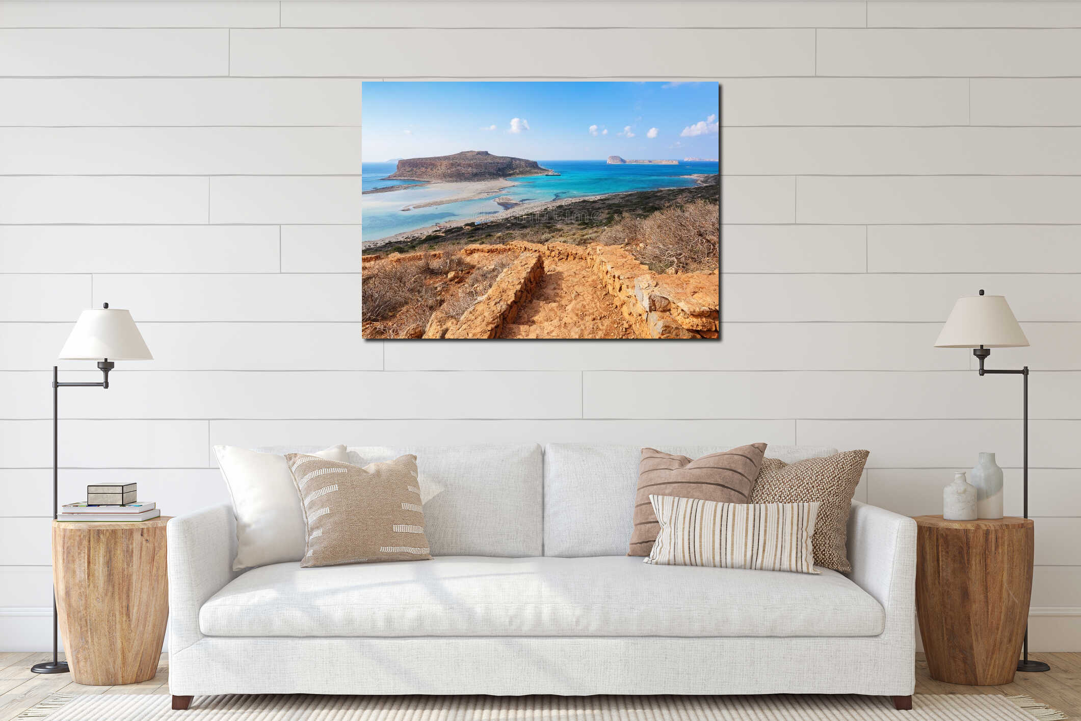 Crete coast, Balos bay, Greece. Amazing sand strand, sea of turquoise and blue colors with the ship. Popular touristic resort. interior mockup