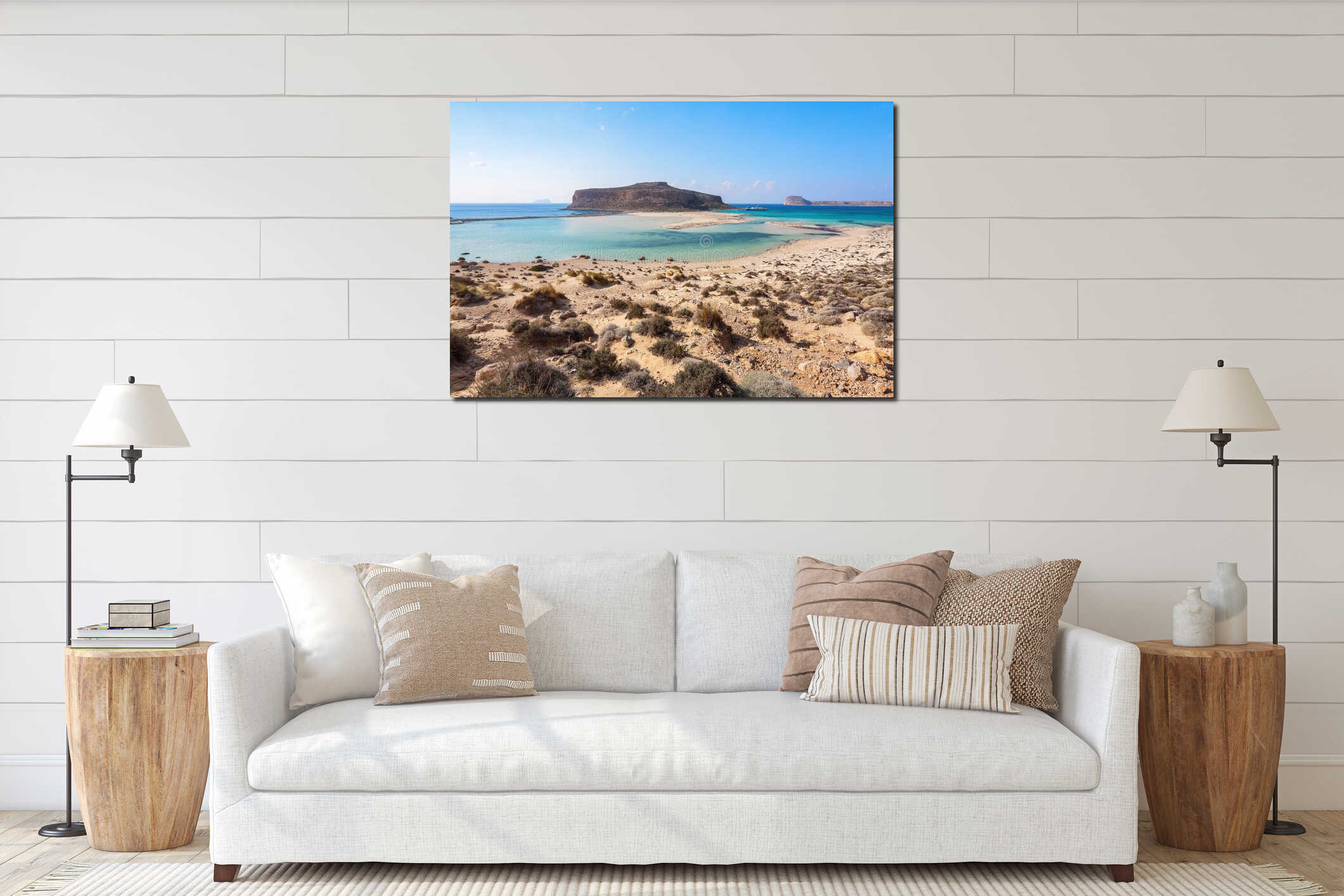 Crete coast, Balos bay, Greece. Amazing sand strand, sea of turquoise and blue colors with the ship. Popular touristic resort. interior mockup