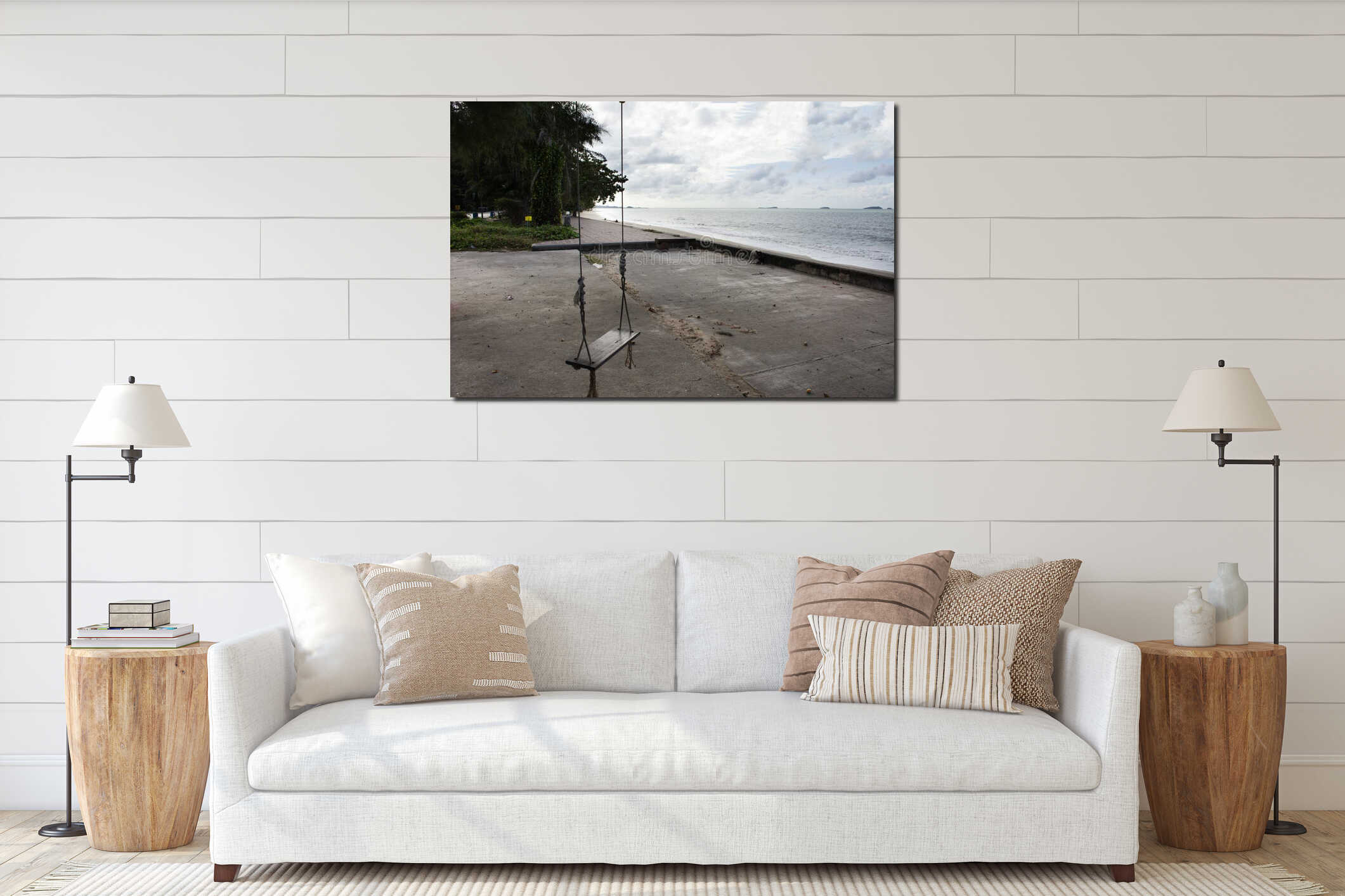 Wind and wave with wooden bench swings toy at Ban Pae beach in Rayong, Thailand interior mockup