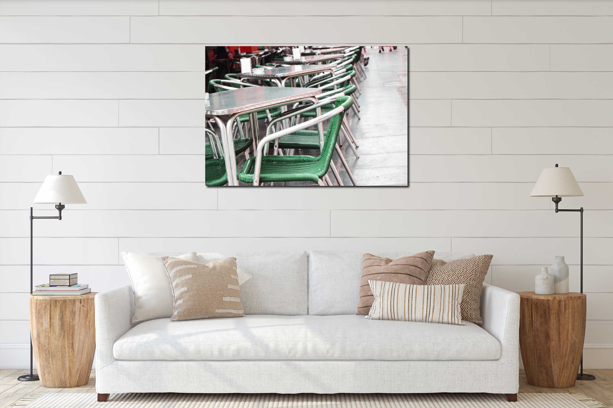 Open empty street cafe, tables and chairs with metal frame and wicker furniture, selective focus and close-up interior mockup